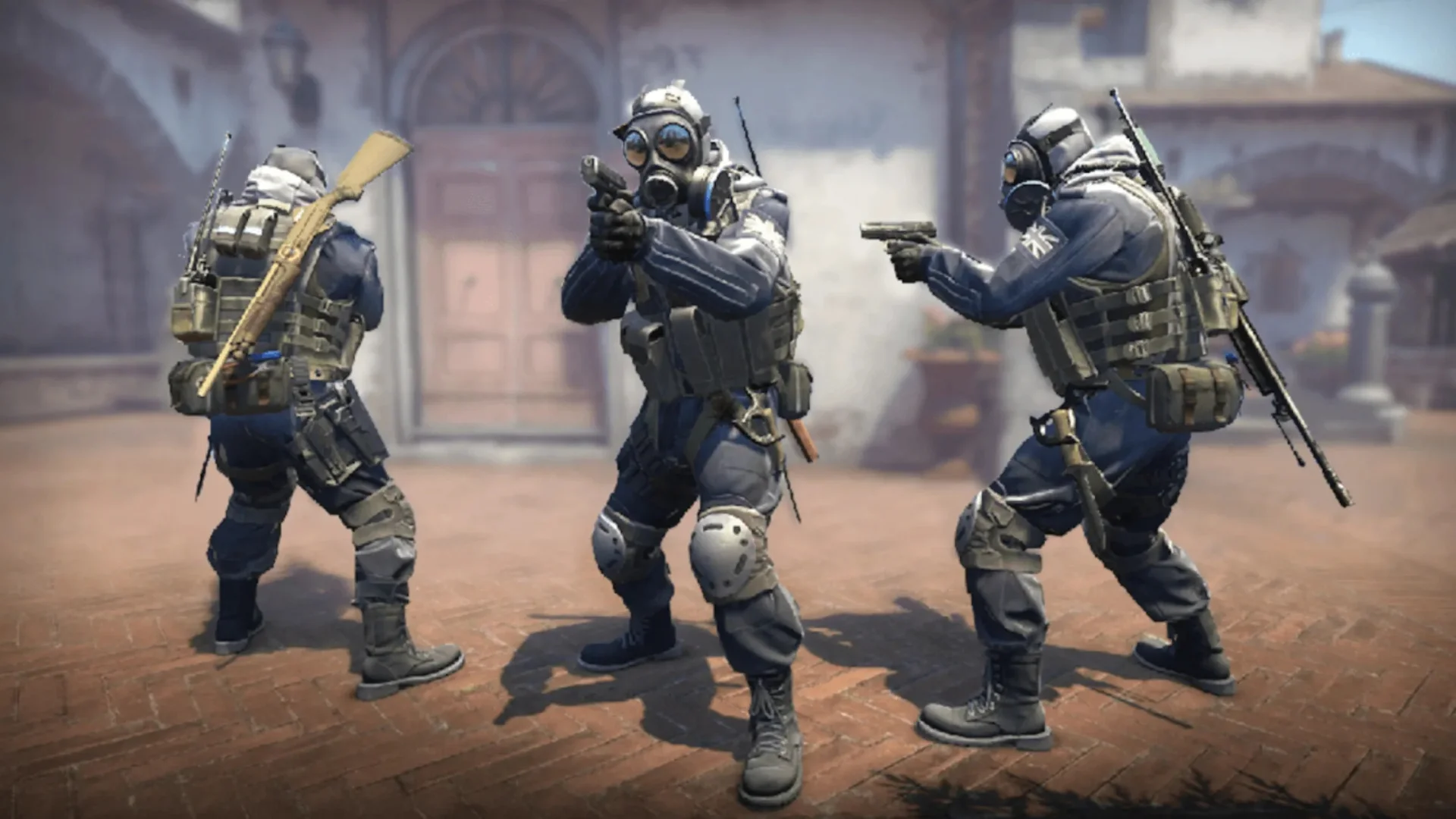 Three Counter-Terrorist operators prepare for combat in Counter-Strike 2.