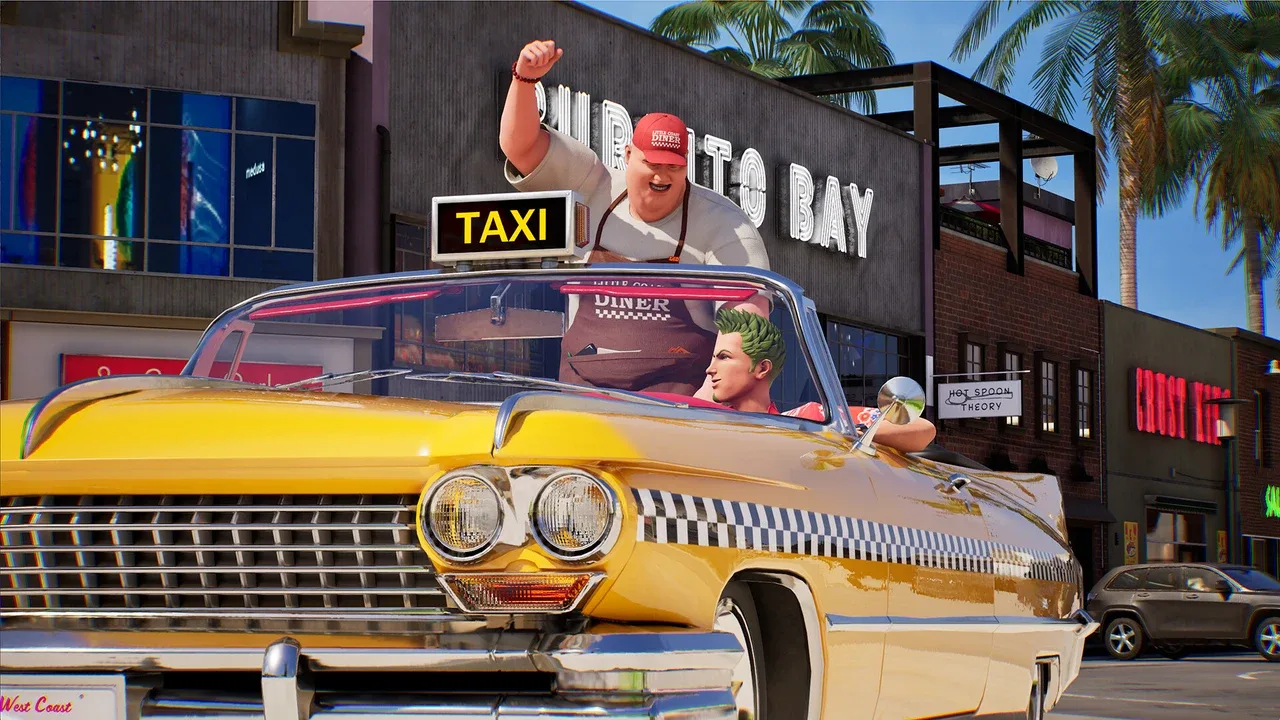 Axel picks up an excited passenger outside a diner in Crazy Taxi: World Tour.