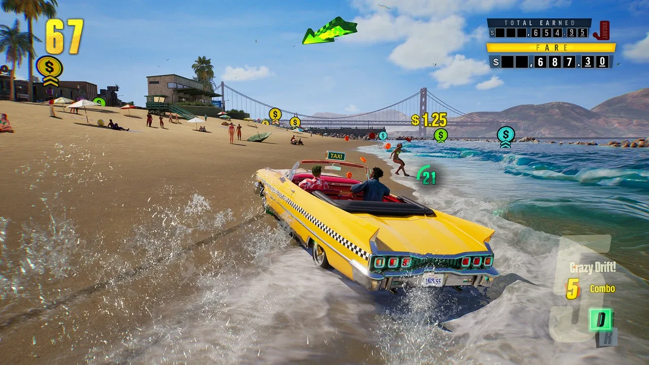 Yellow taxi drifting along a beach with the Golden Gate Bridge in the background.