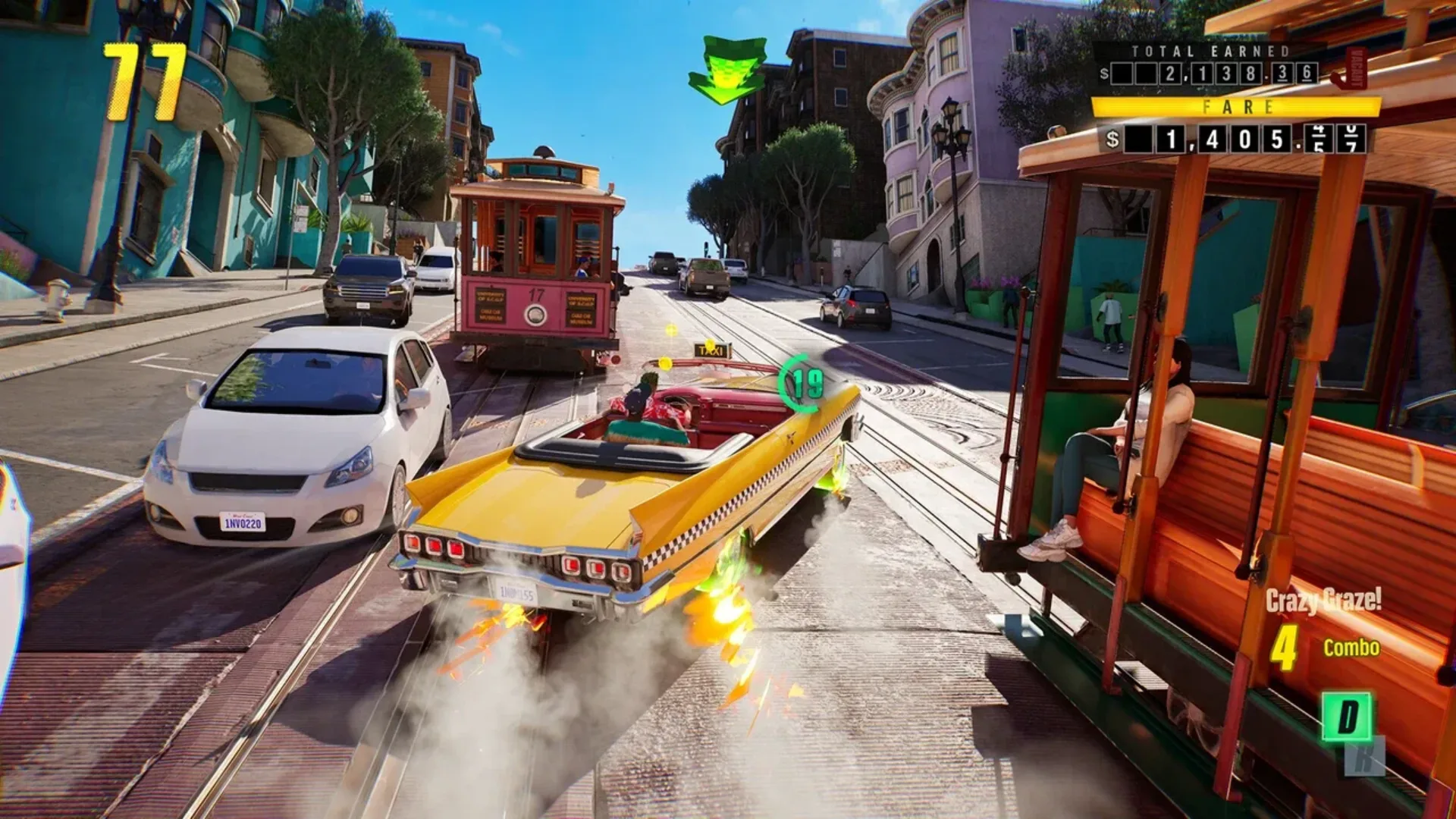 Yellow taxi races between cable cars through a busy city street in Crazy Taxi: World Tour.