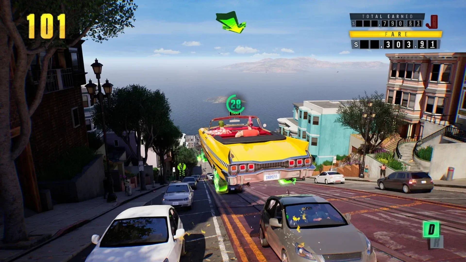 Yellow taxi jumps down a steep city street overlooking the coast in Crazy Taxi: World Tour.