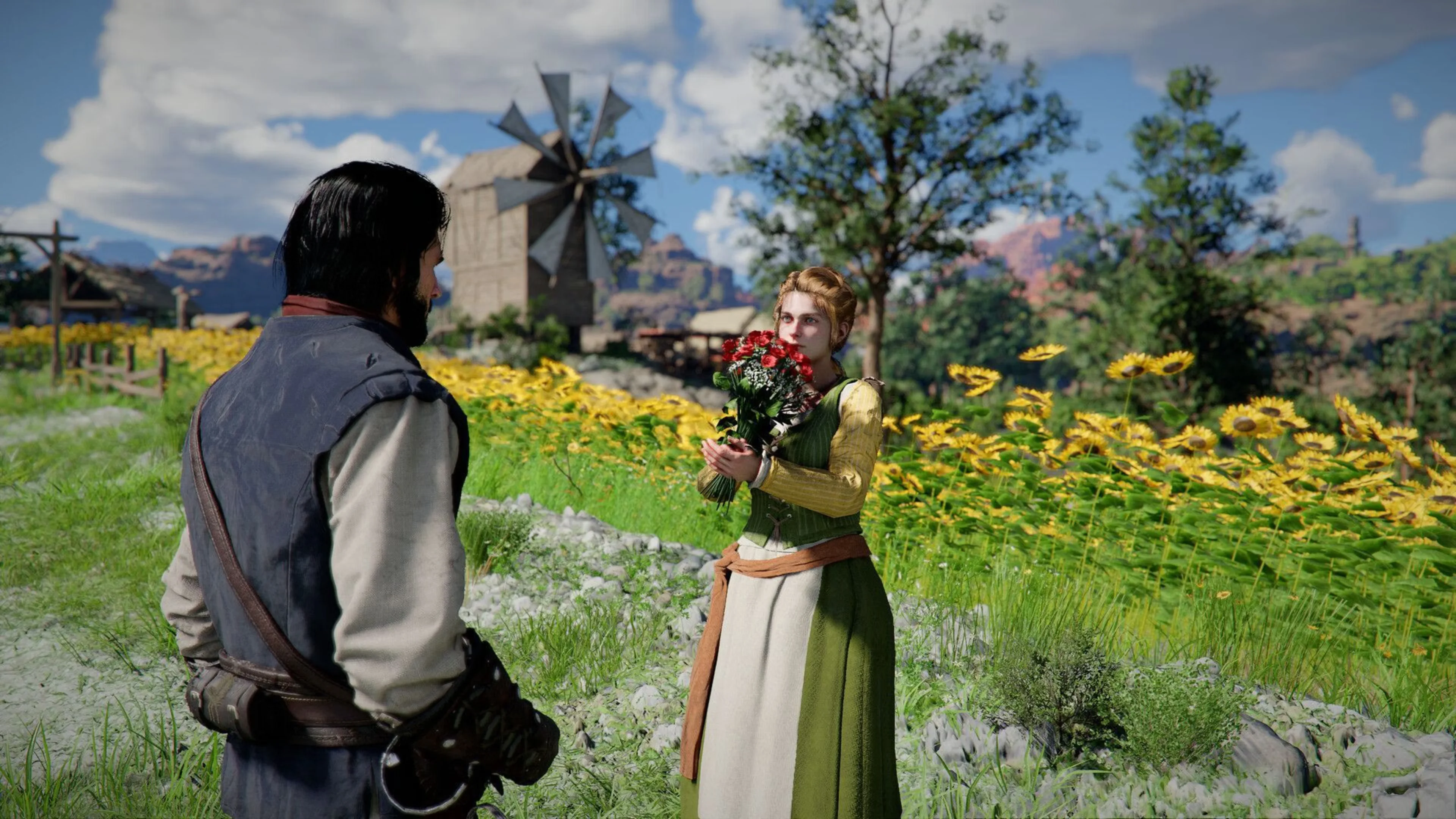 A woman holding a bouquet of red flowers talks to a man in a sunflower field, with a windmill and trees behind them in Crimson Desert.