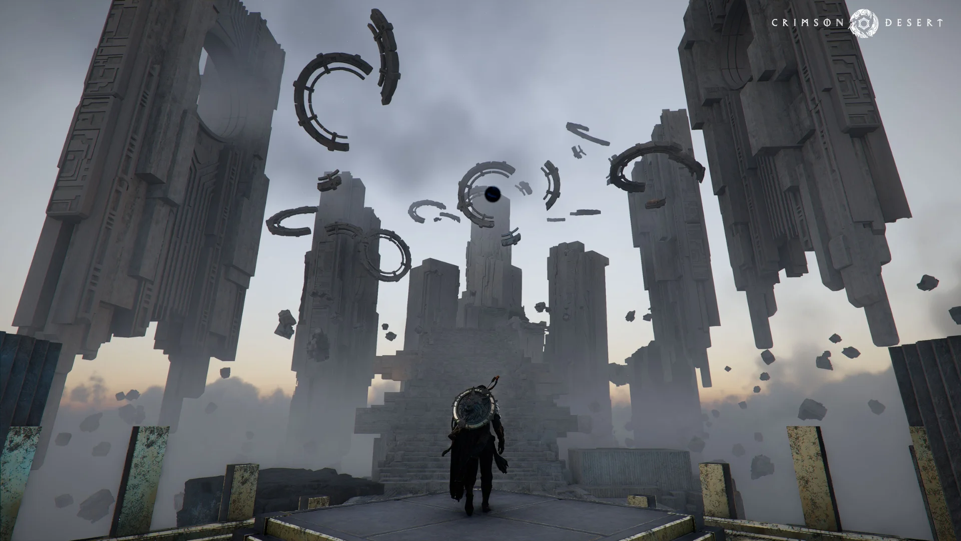 Kliff approaches floating ruins in Crimson Desert Enhanced.