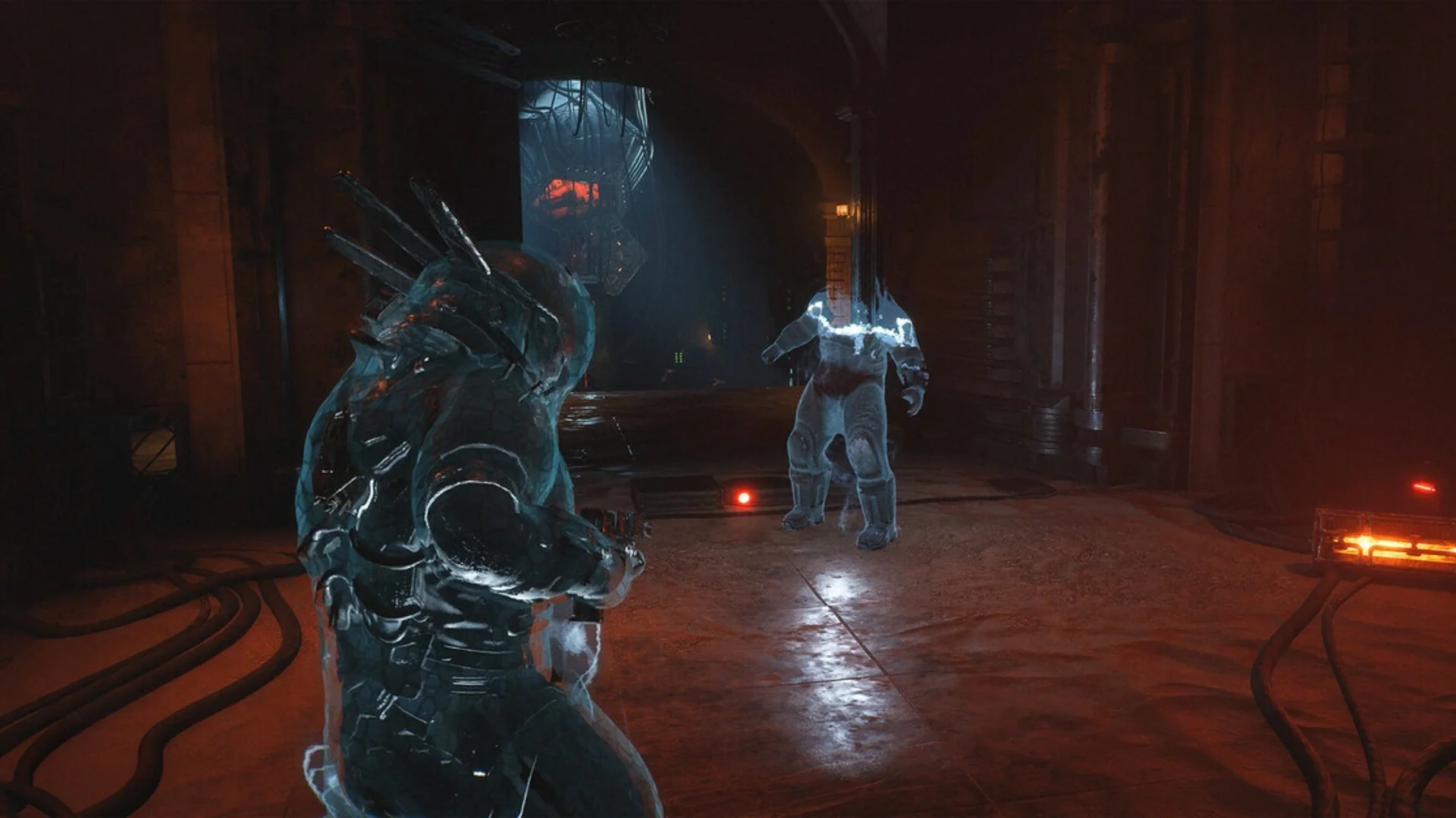 The Pathfinder aims a weapon at a glowing humanoid enemy inside a dark industrial corridor in Cronos: Lazarus.