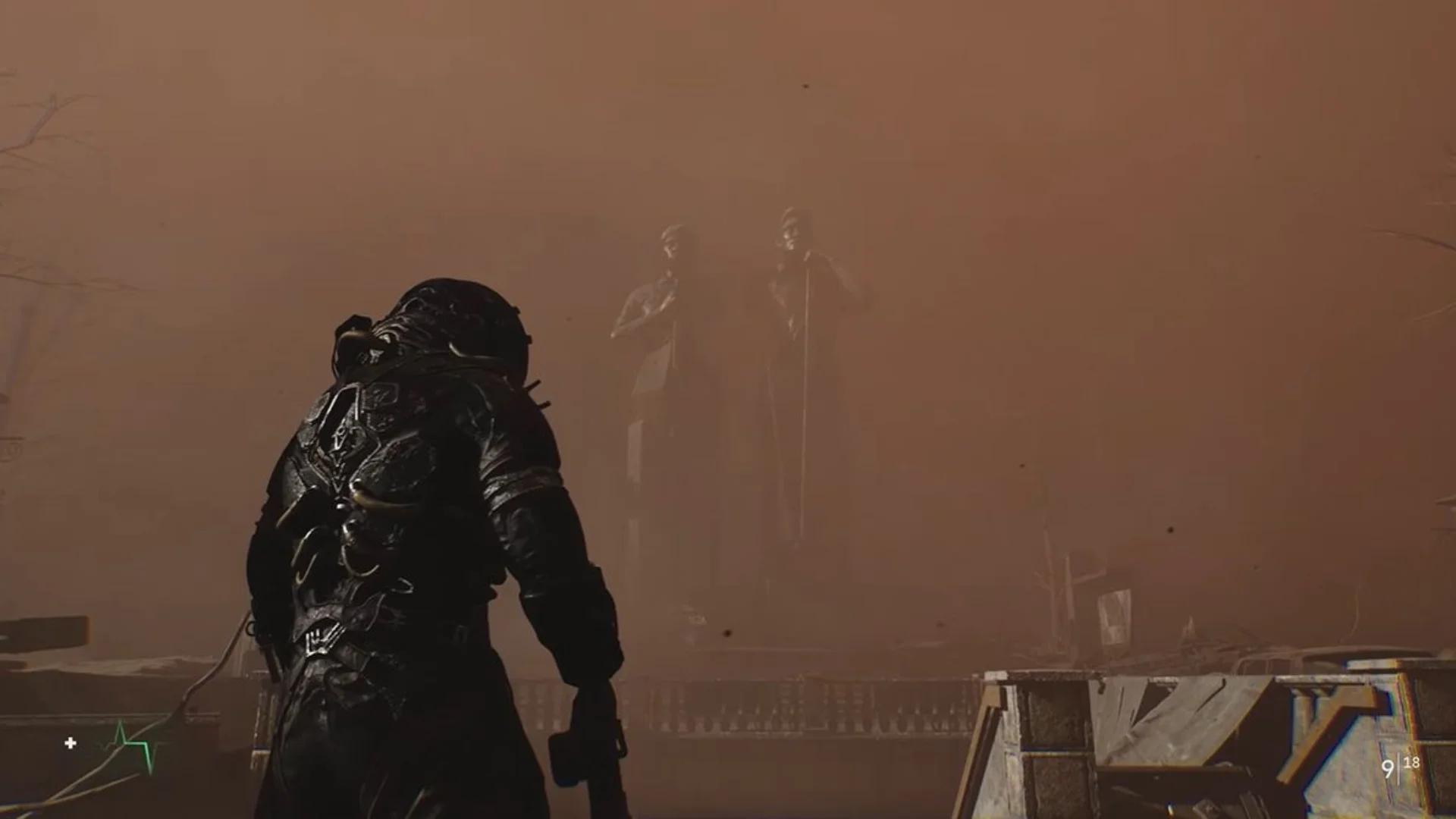 The Pathfinder stands in a dusty distorted landscape as ghostly figures appear in the distance in Cronos: Lazarus.