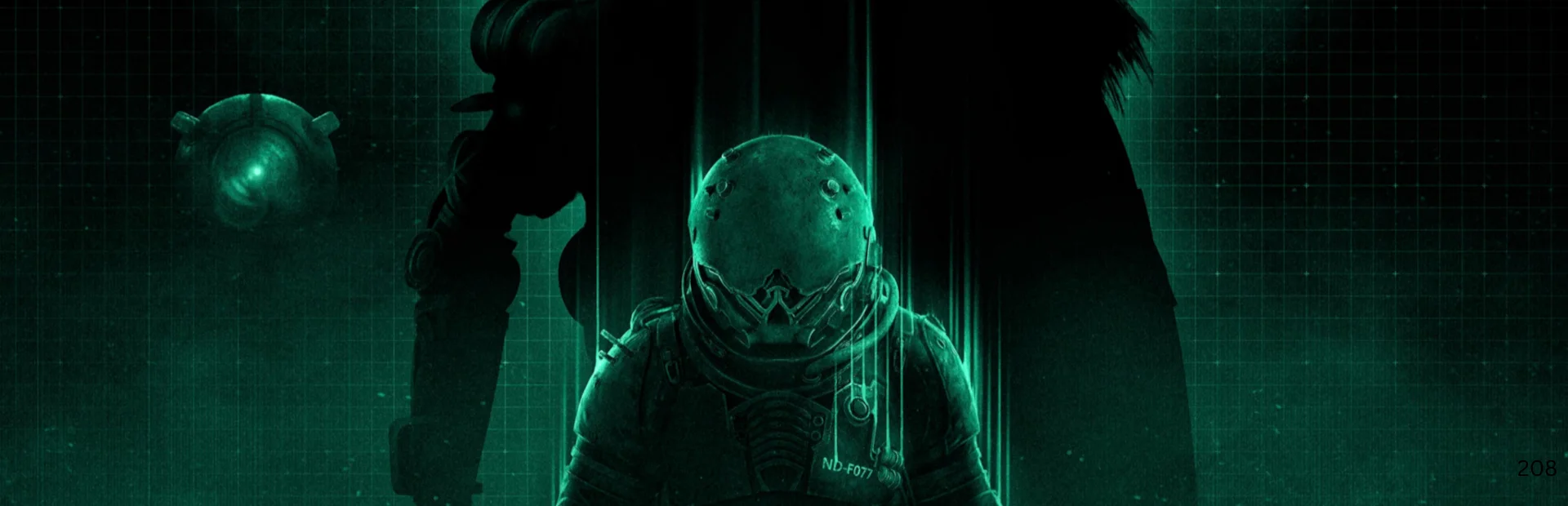 A helmeted Pathfinder stands beneath a looming dark silhouette in green-tinted Cronos: Lazarus artwork.
