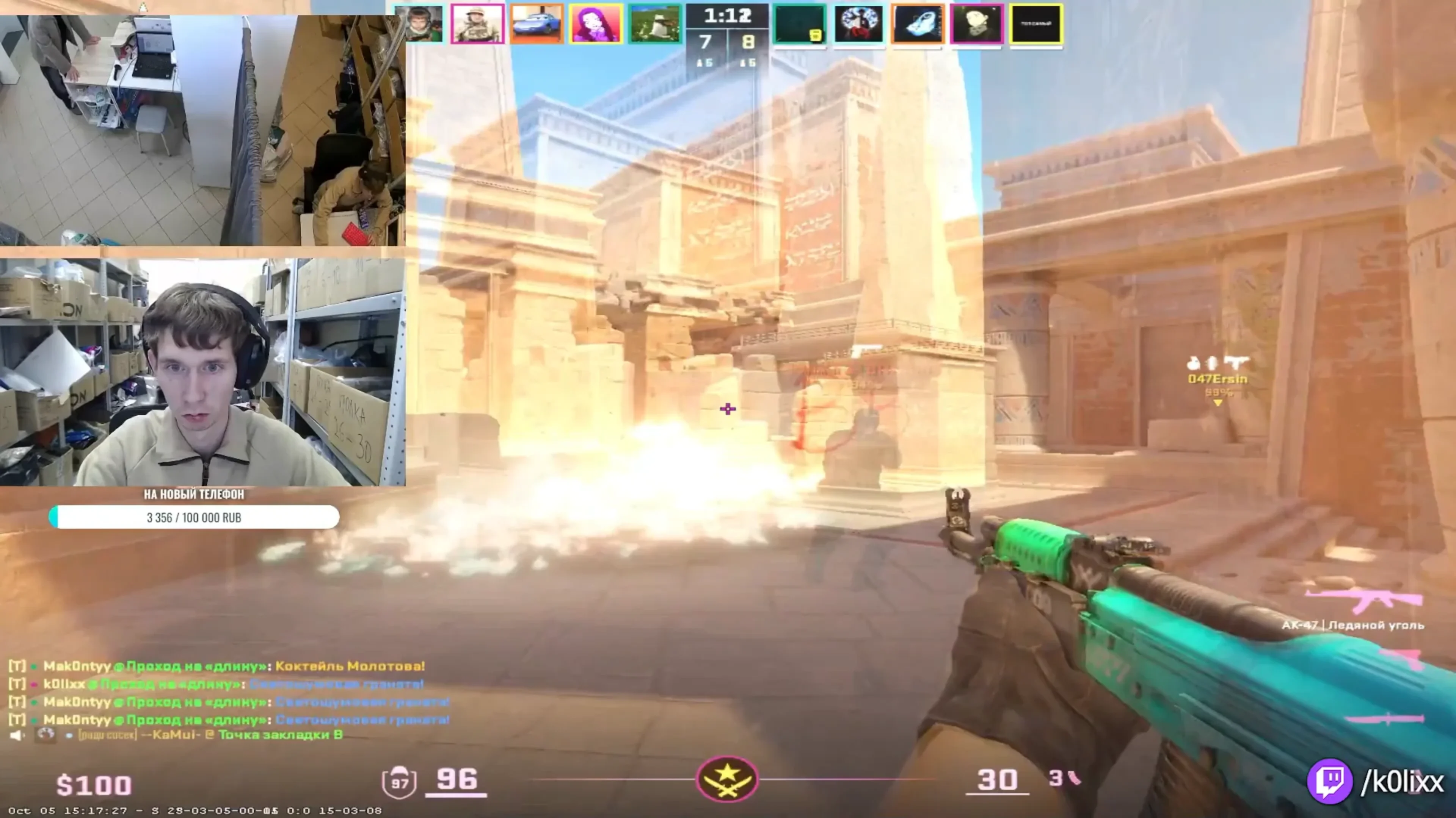 CS2 streamer k0lixx plays Counter-Strike 2 with a webcam showing his workspace and customer service counter.