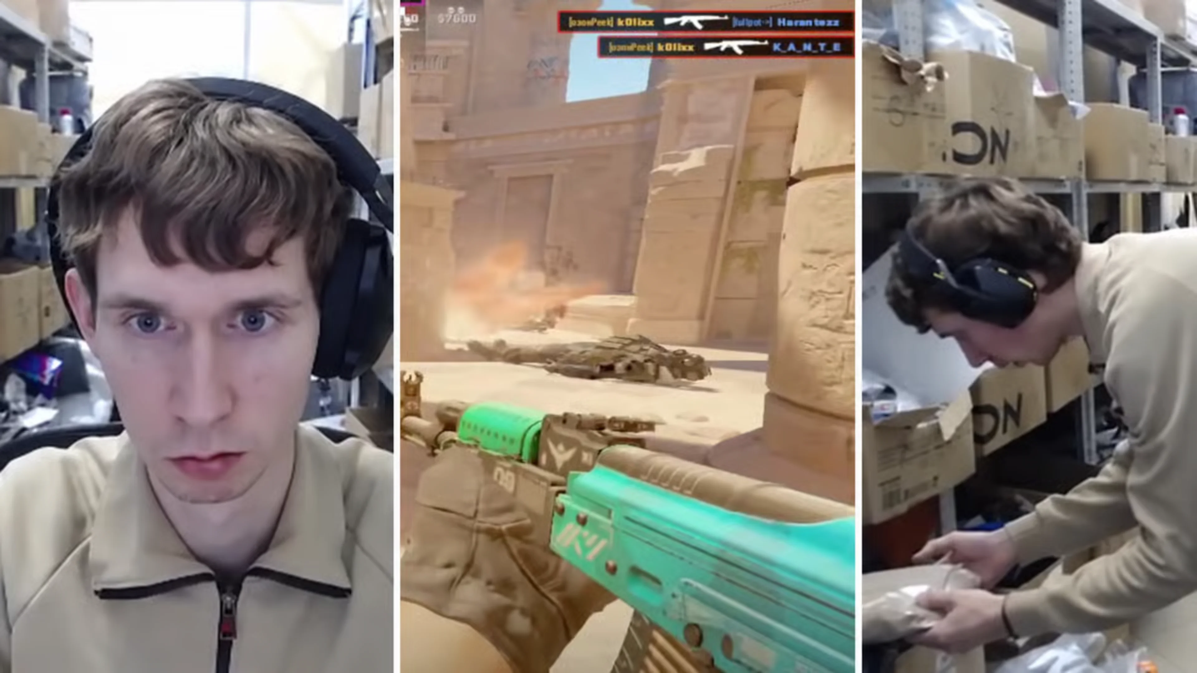 Split-screen footage shows CS2 streamer k0lixx playing Counter-Strike 2 and handling parcels at his workplace.