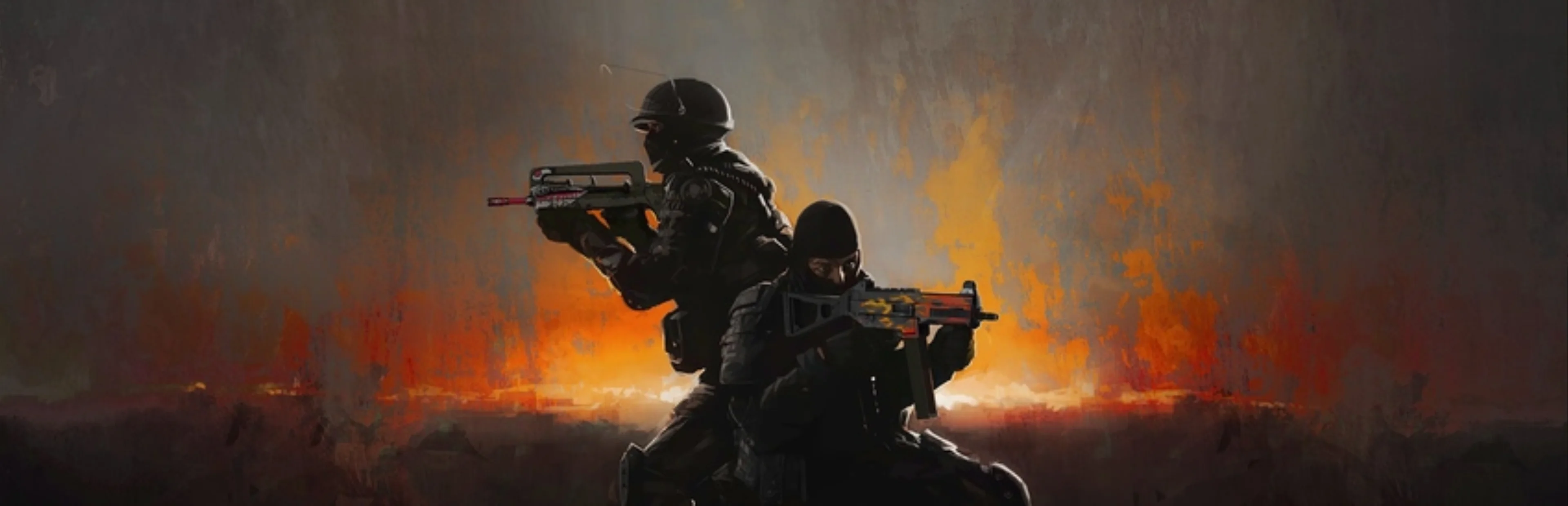 Two masked Counter-Strike 2 operators stand back-to-back holding firearms against an orange and black background.