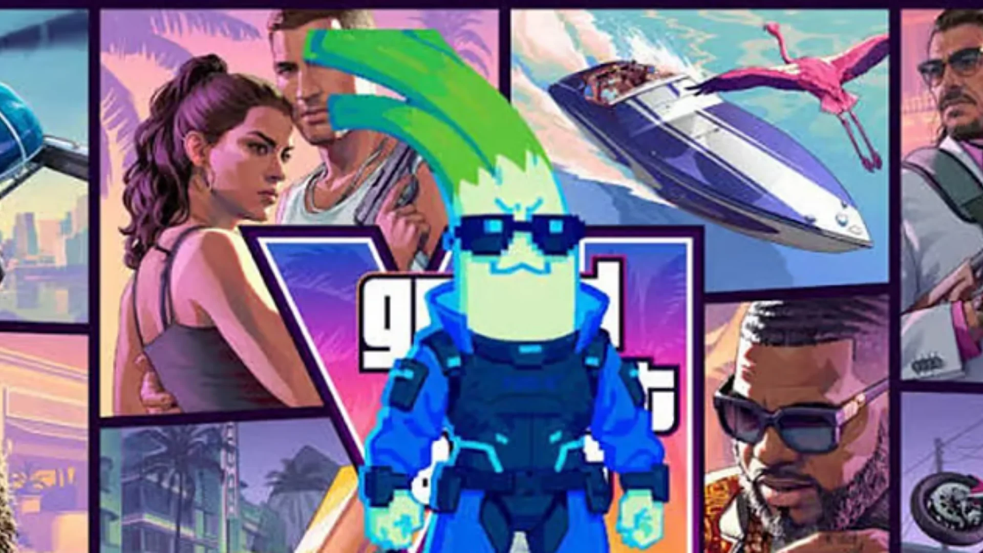 CyberLeek mascot over GTA 6-style artwork featuring characters, a speedboat, and Vice City imagery