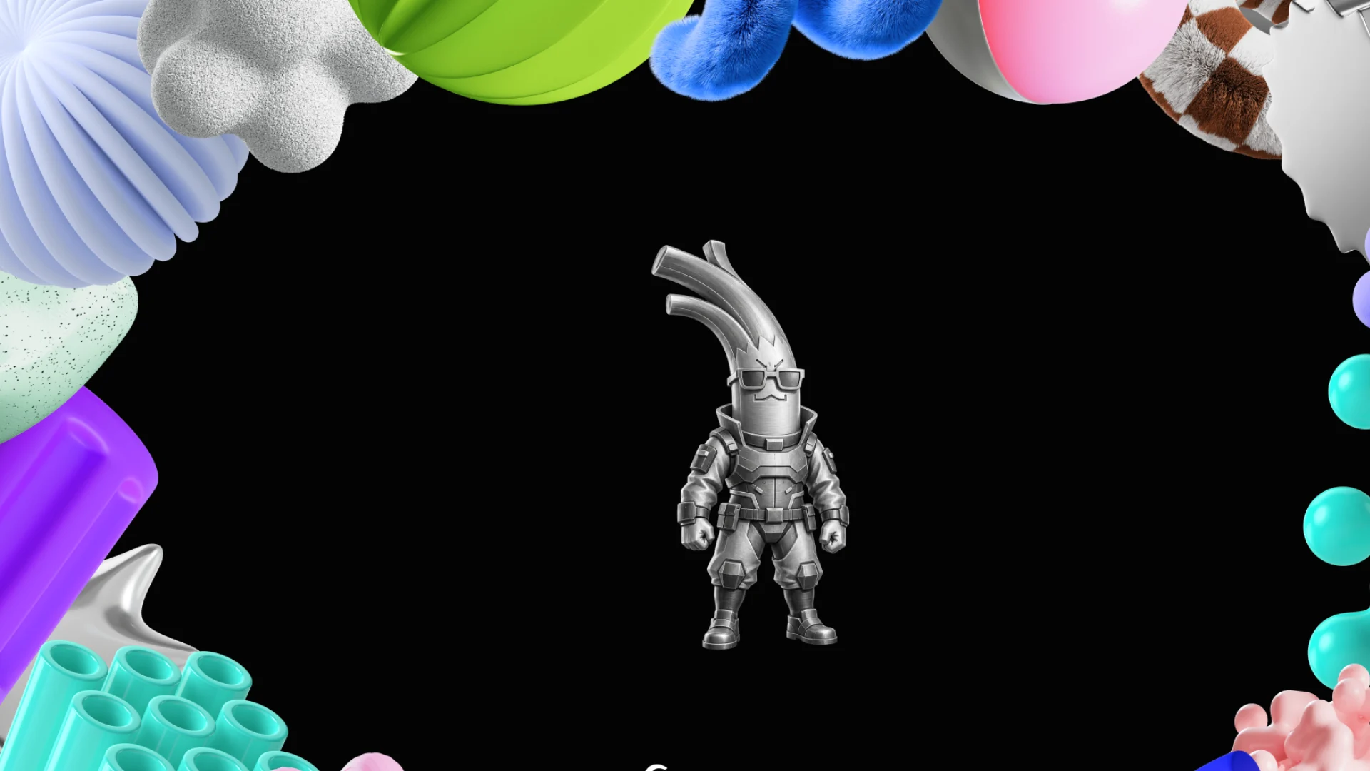 Silver CyberLeek mascot centered on a black background surrounded by colorful abstract shapes