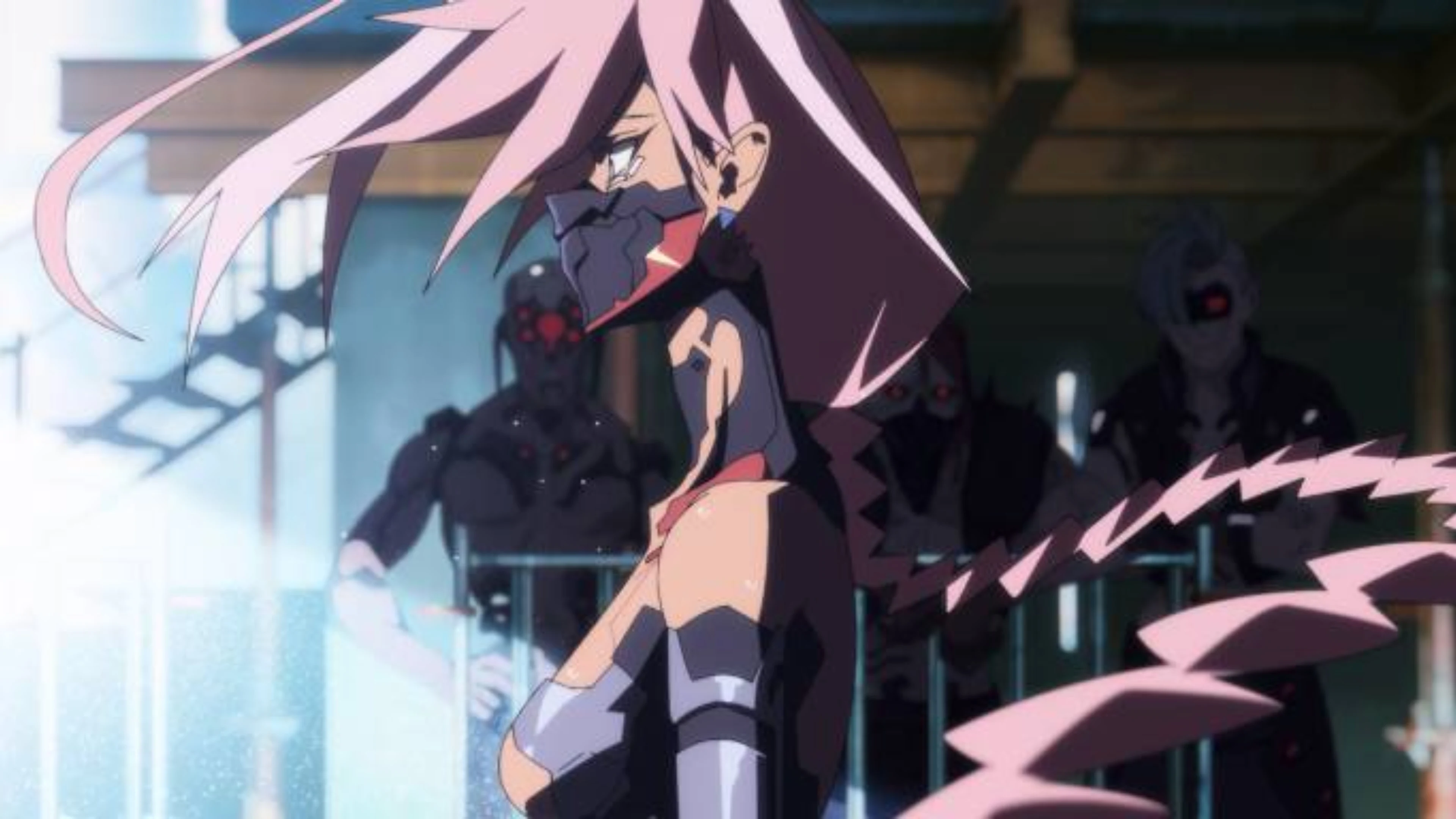 Pink-haired anime character wearing a dark face mask and futuristic outfit, with three shadowy figures standing in the background.