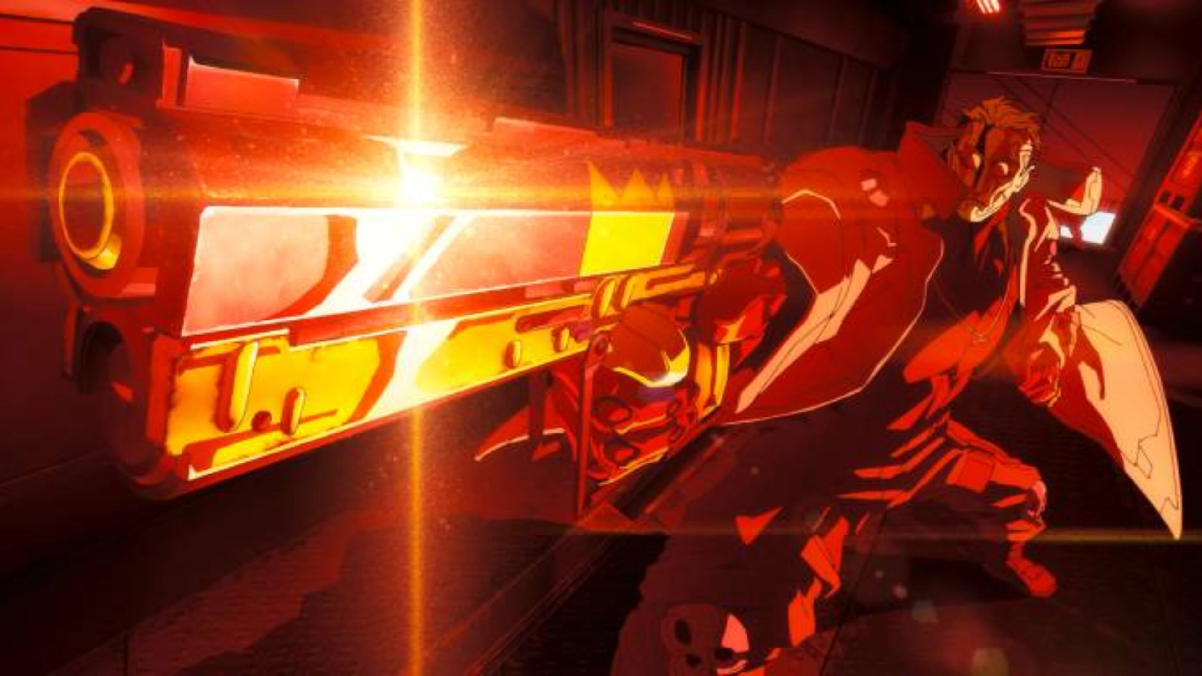 Anime-style cyberpunk character firing a large futuristic gun illuminated by bright orange and red light inside a dark industrial setting.