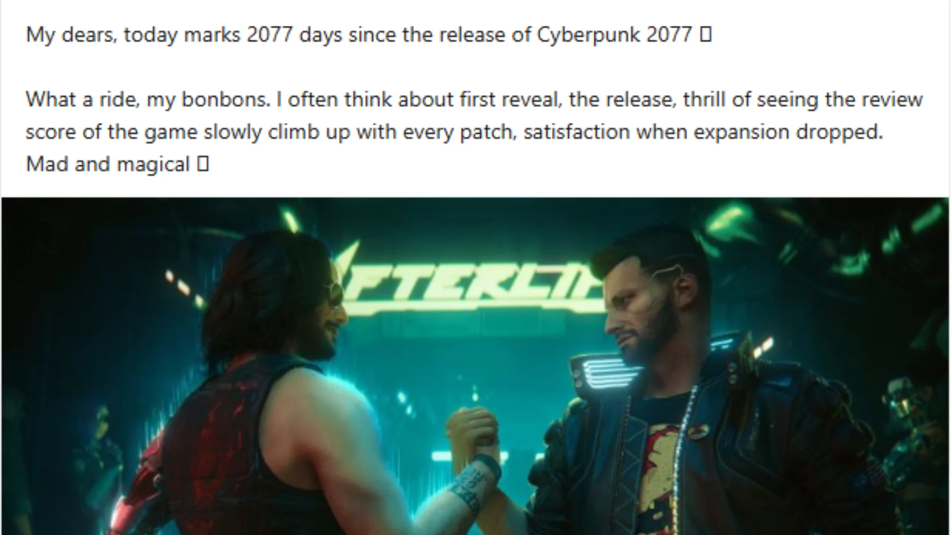 Social media post reflecting on 2,077 days since Cyberpunk 2077's release, accompanied by an image of two game characters.
