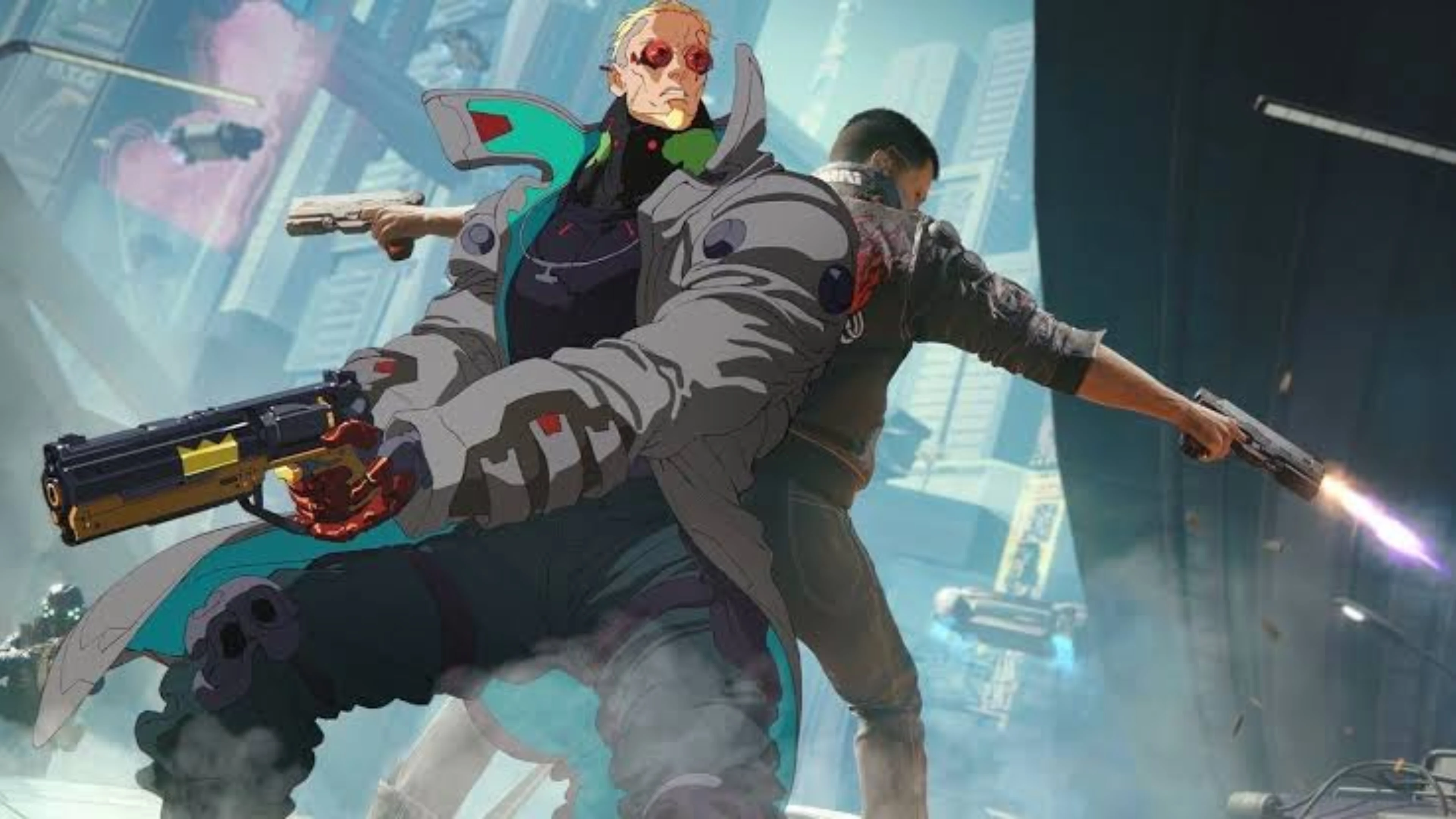 Cyberpunk 2077 promotional artwork showing an anime-style gunfighter alongside a game character firing a pistol in Night City.