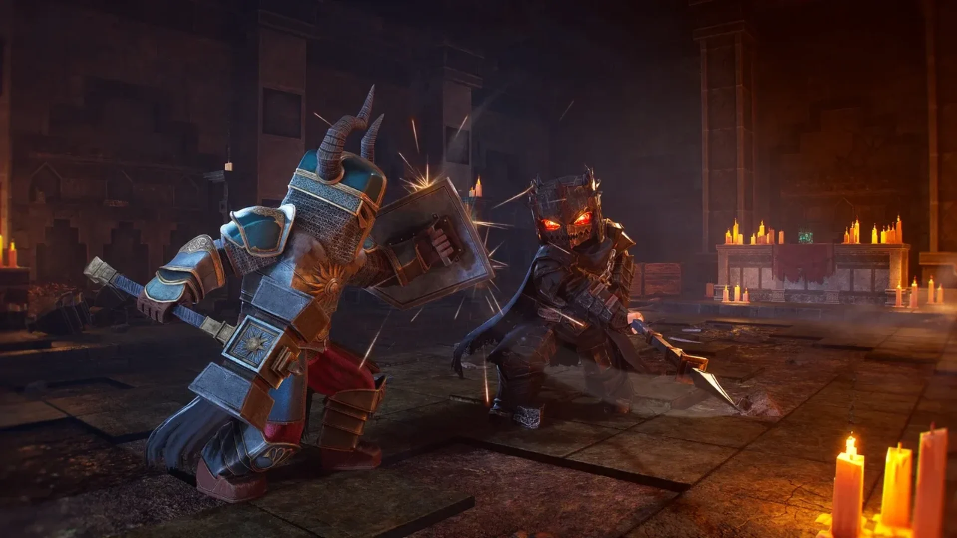 Dark Craft warrior blocks an attack from a glowing-eyed enemy in a dungeon