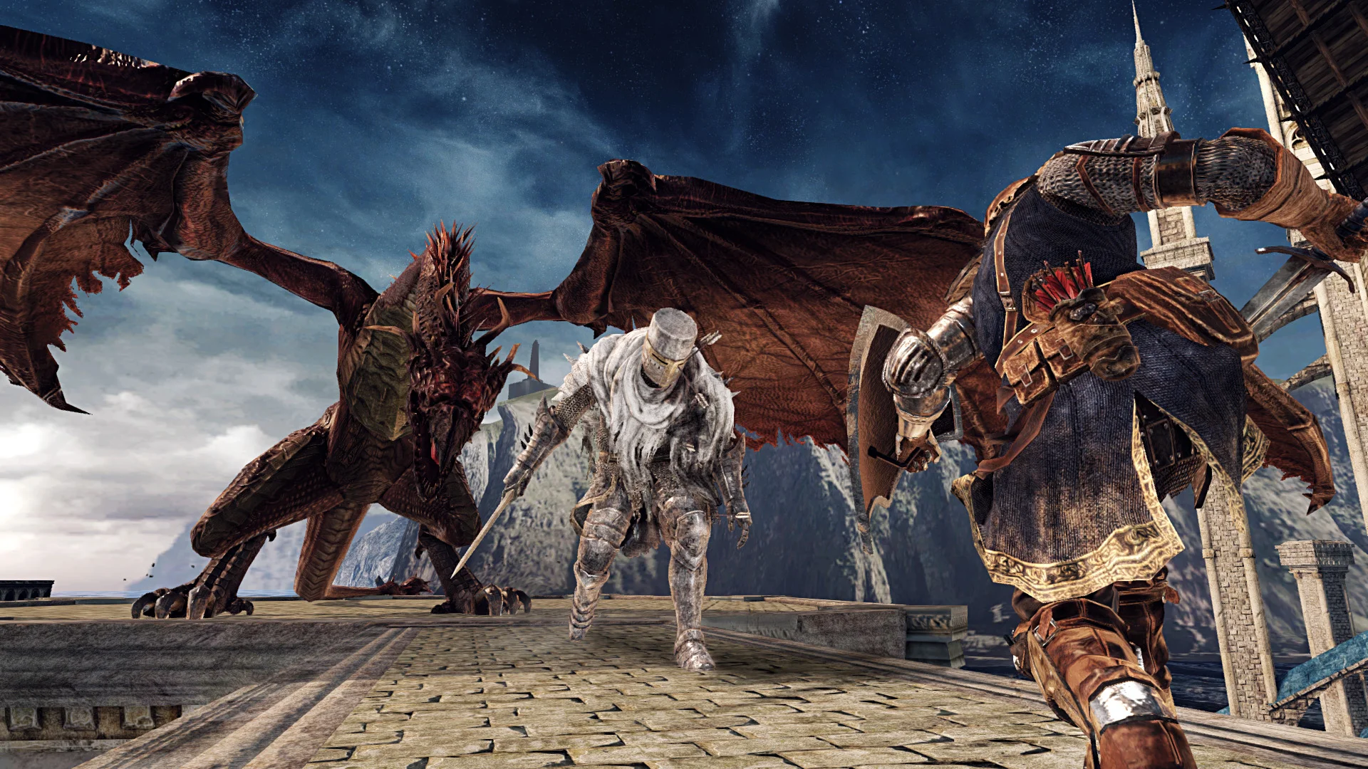 Two armored Dark Souls 2 players run from a large dragon on a stone platform beneath a dark blue sky.