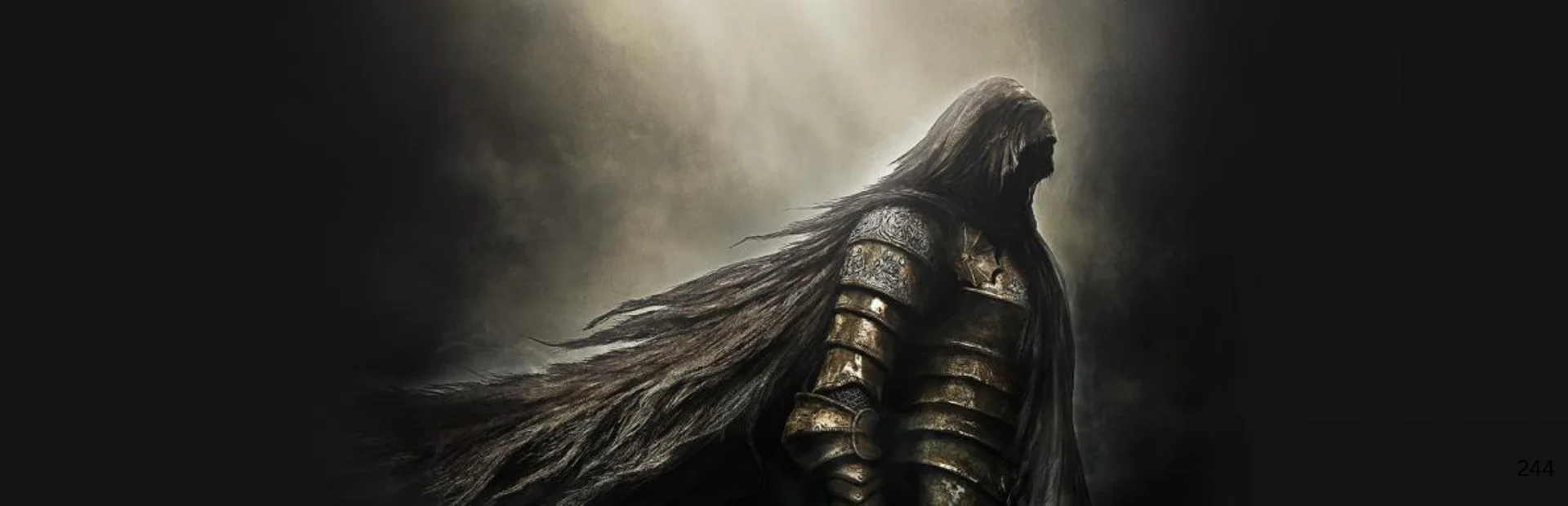 Dark Souls 2 armored figure with long dark hair stands beneath a beam of light against a black background.