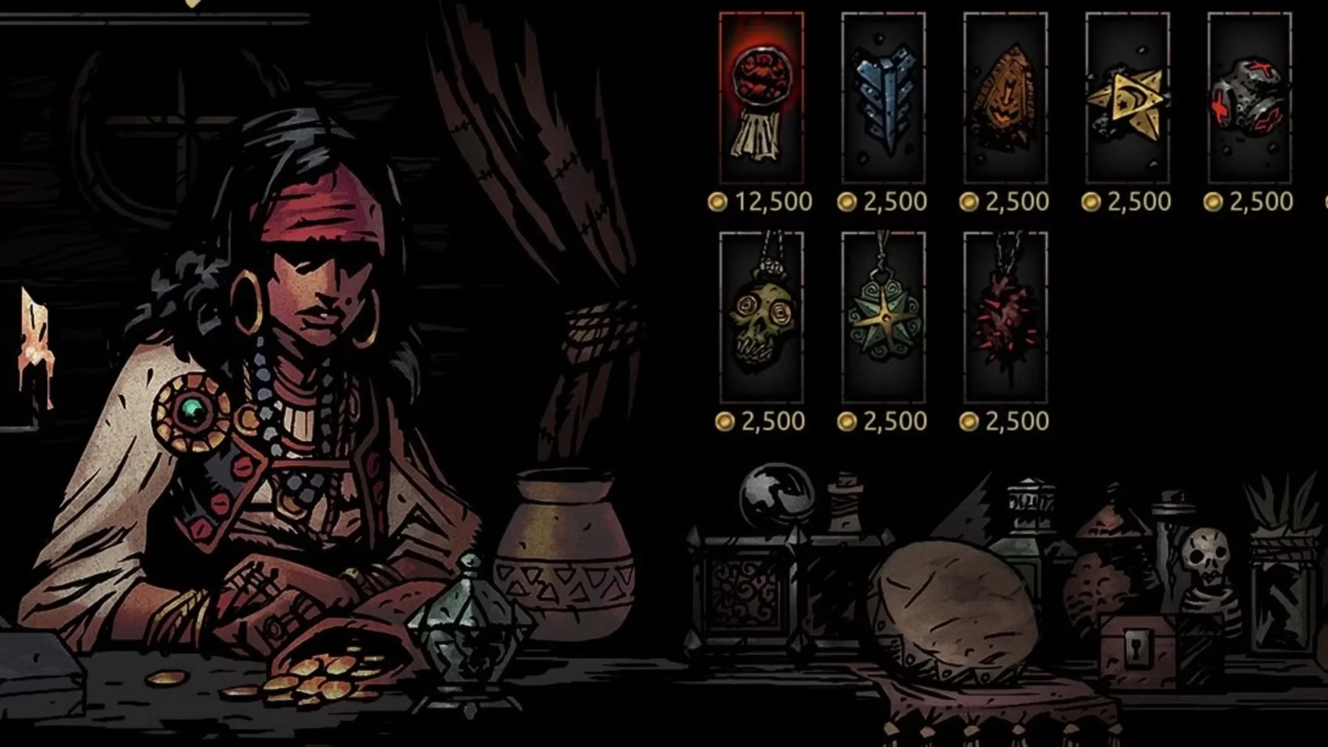 A Darkest Dungeon merchant sits beside a selection of trinkets with prices displayed in the shop menu.
