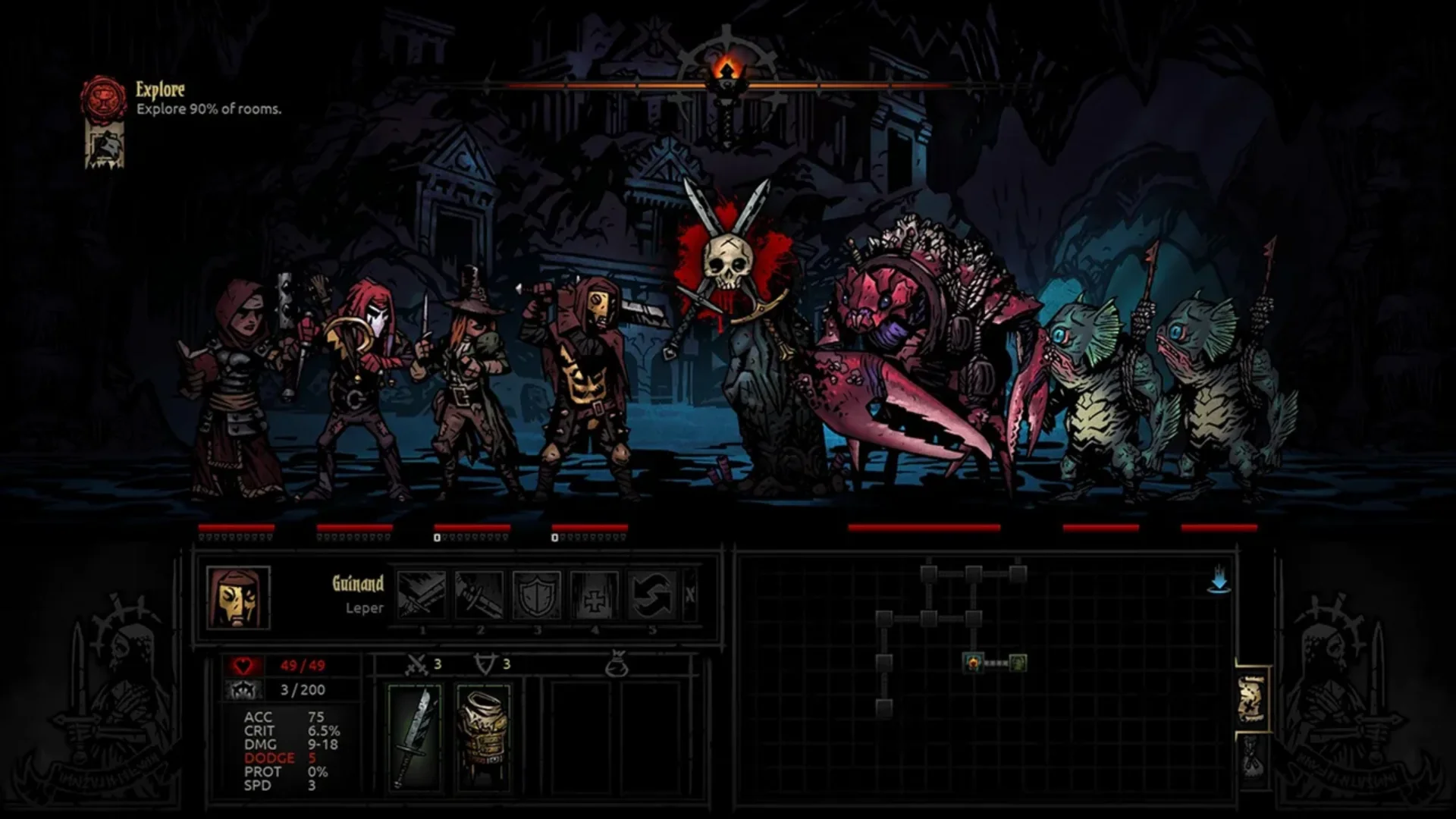 Runaway, Duelist, and two allies face a group of monsters during a Darkest Dungeon battle.