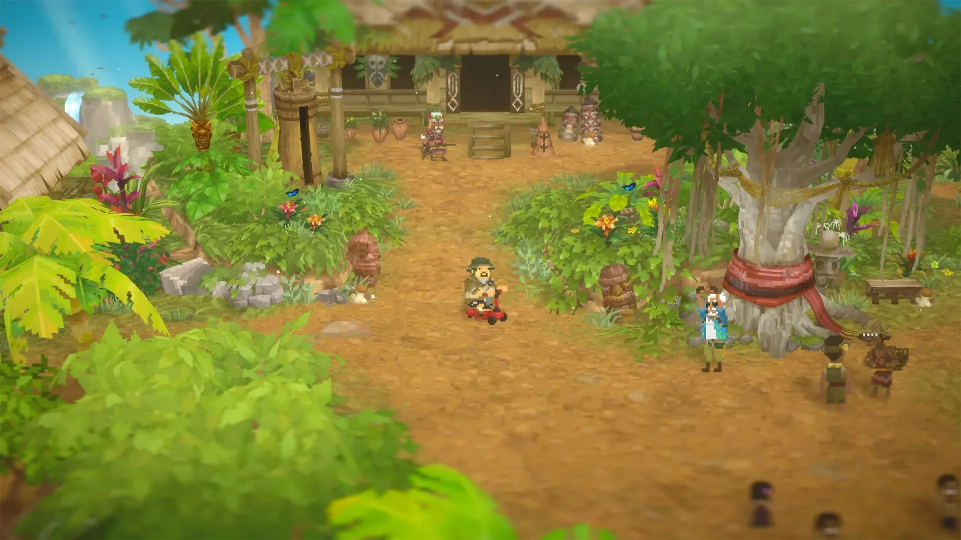 A character rides through a tropical village surrounded by trees, flowers, huts, and other residents.