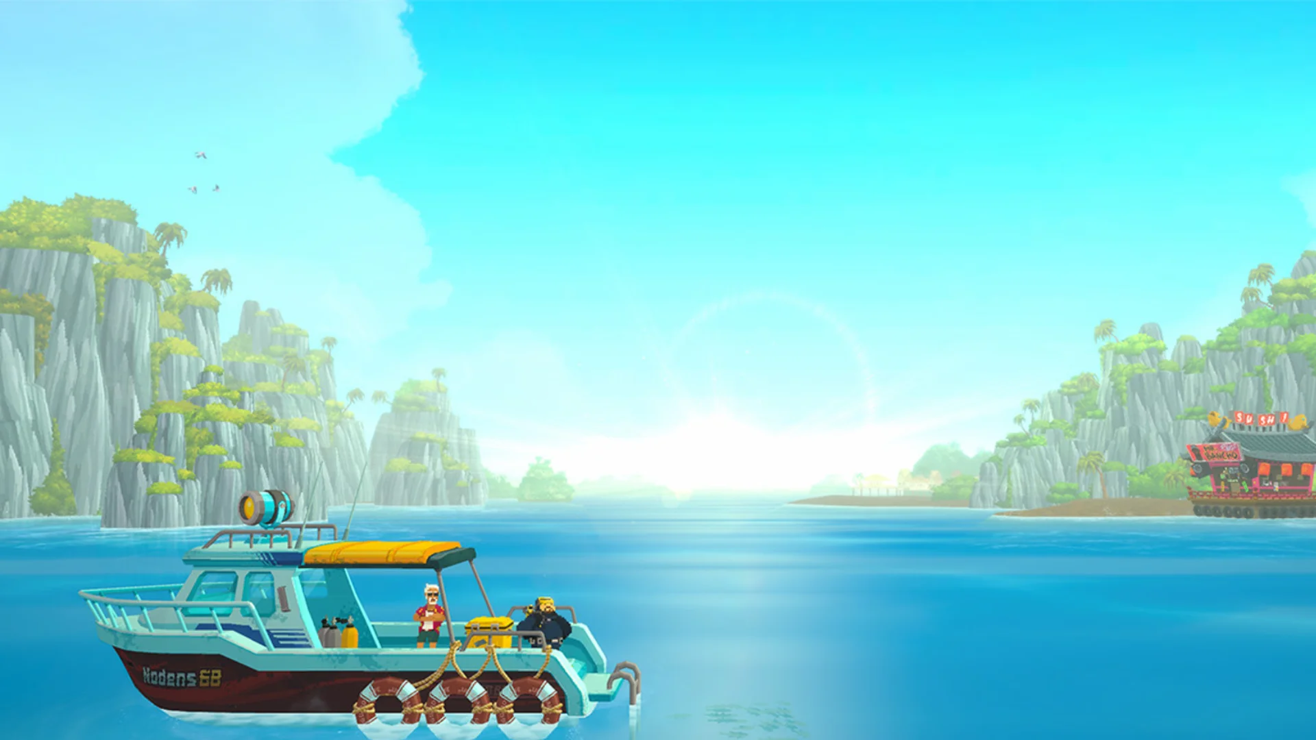 Two characters stand on a small boat in the Blue Hole with tropical islands and a sushi bar in the distance.
