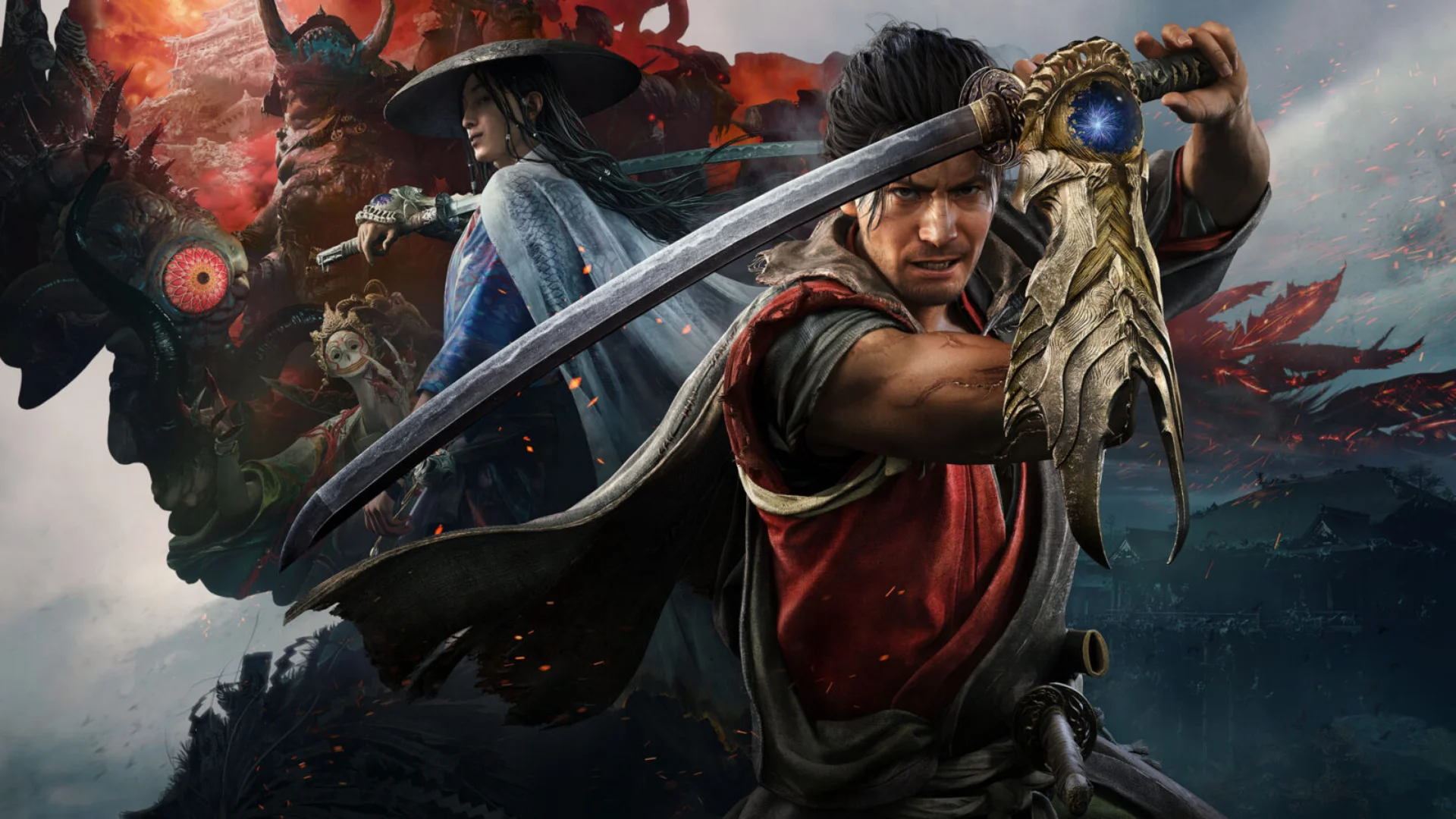 Miyamoto Musashi draws his sword as Genma and another warrior appear behind him in Onimusha: Way of the Sword.