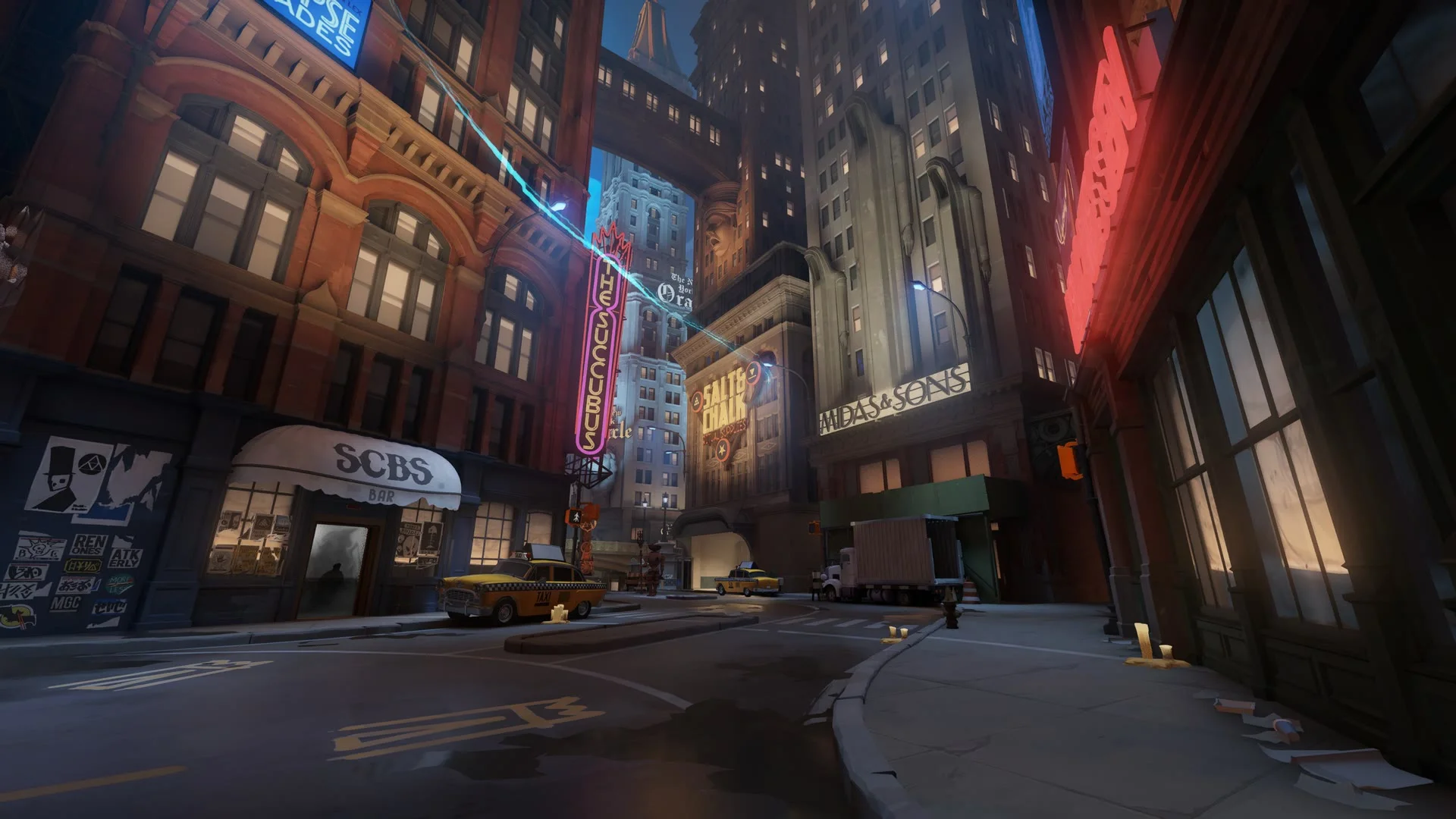 A neon-lit city street with taxis, tall buildings and storefronts in Deadlock's City Never Sleeps update.
