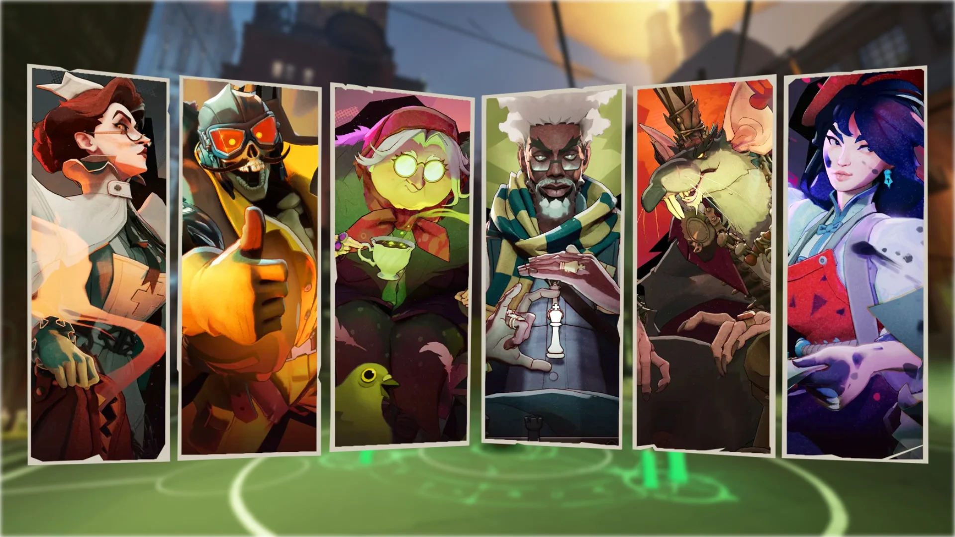 Six illustrated Deadlock hero portraits appear side by side over a blurred city background.
