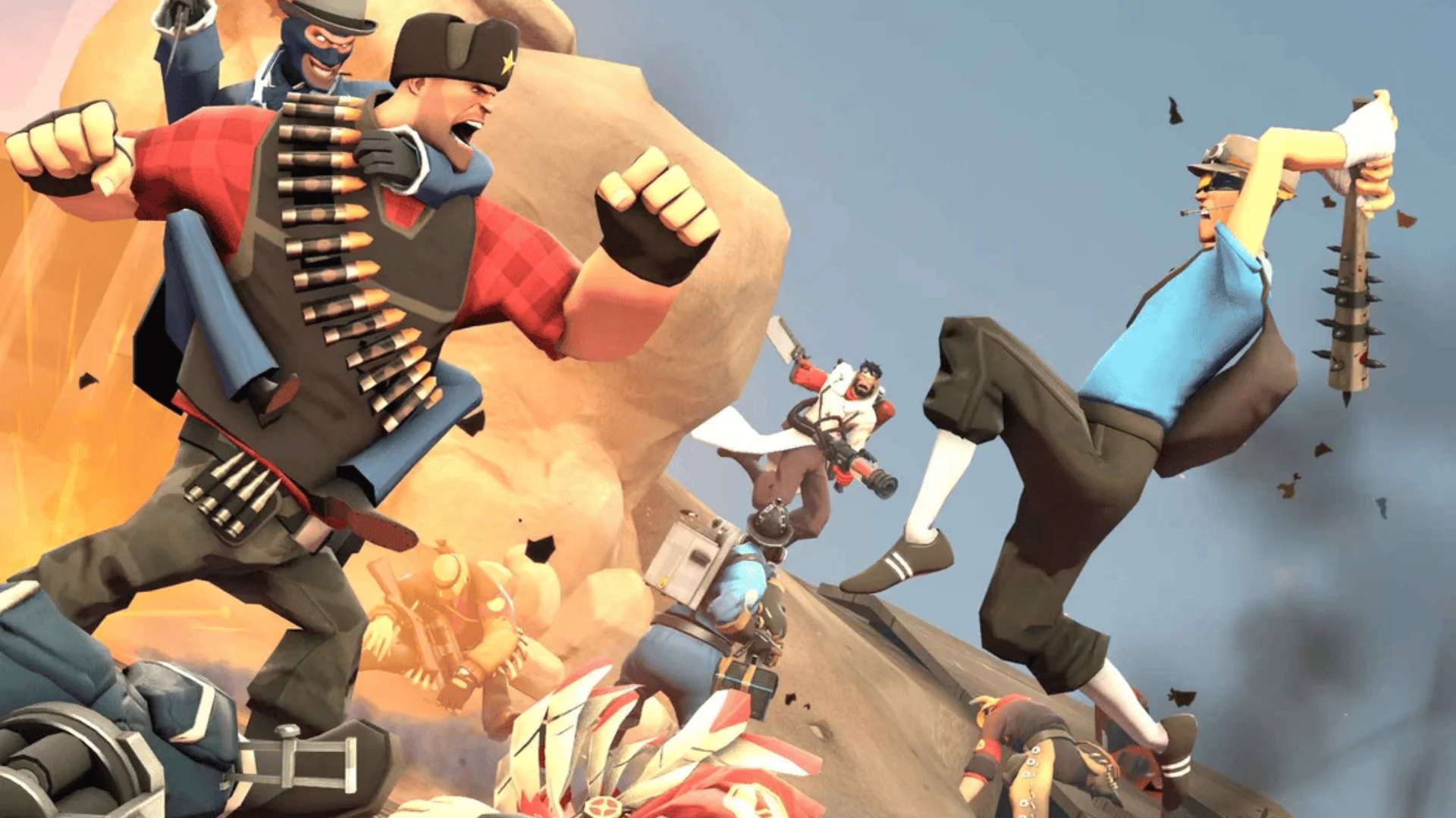 Team Fortress 2 Heavy charges with his fists raised while a Scout leaps with a bat amid an explosive battle featuring other characters.