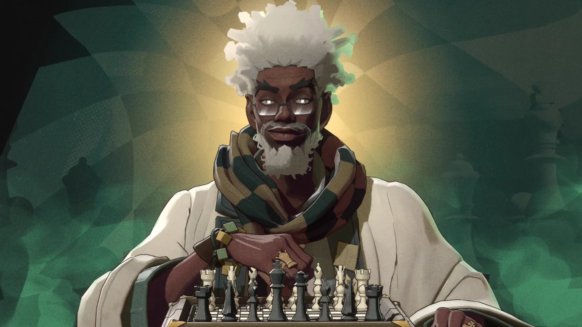 Deadlock's Solomon, a white-haired man with glasses and a beard, leans over a chessboard against a glowing green background.