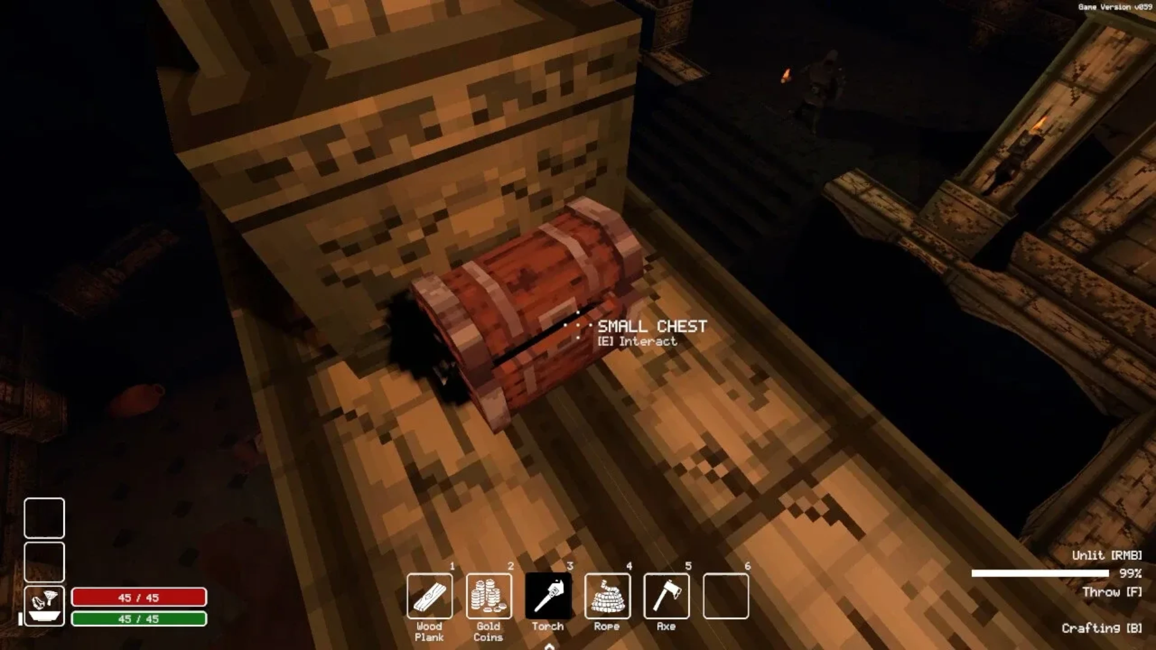 Deep Dish Dungeon gameplay showing a small wooden treasure chest inside a dark dungeon with inventory and interaction controls.