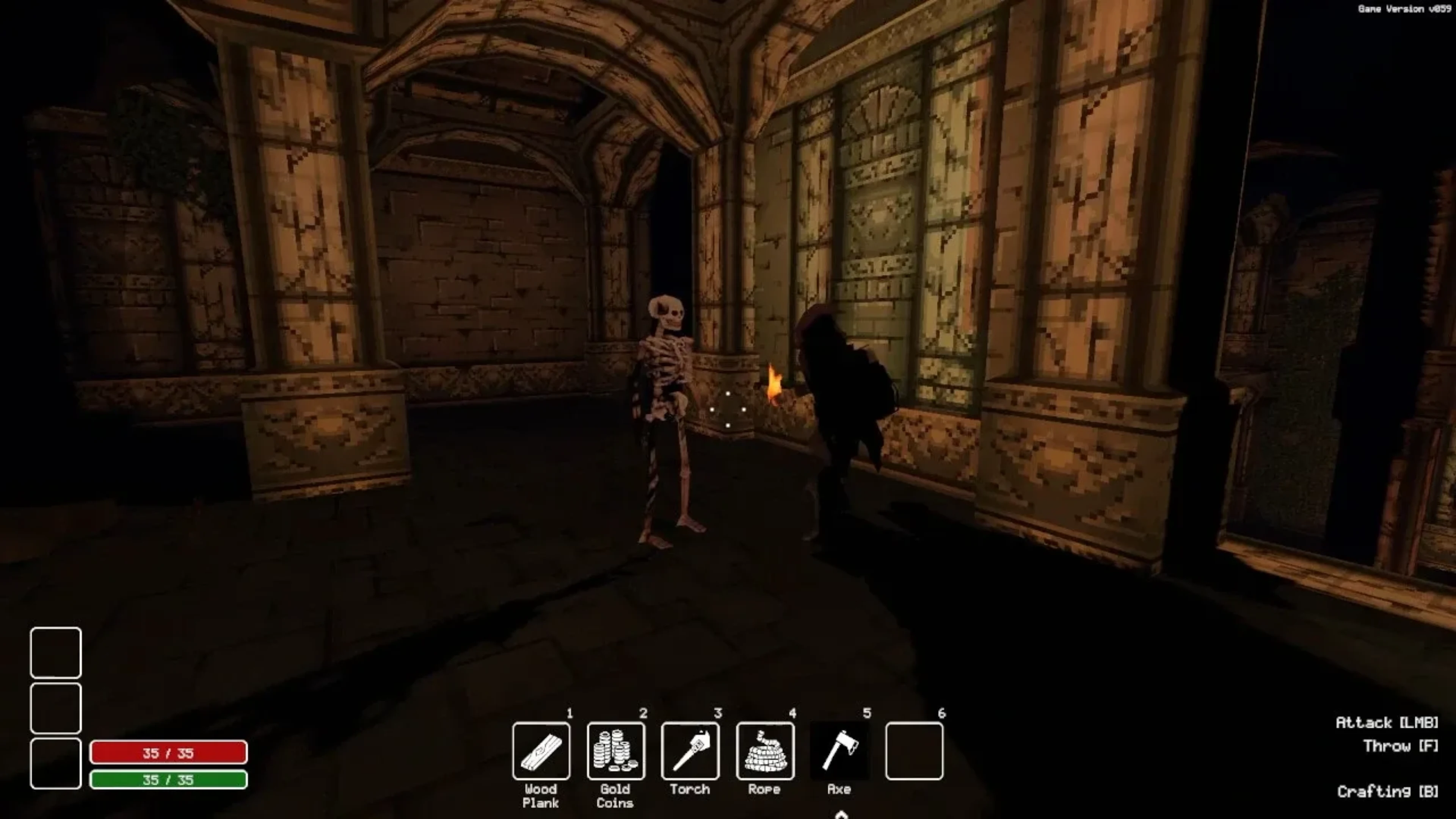 Deep Dish Dungeon gameplay showing a skeleton enemy facing a torch-carrying adventurer inside a dimly lit stone chamber.