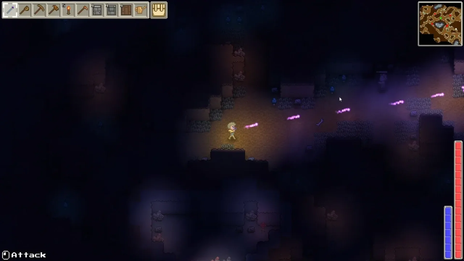 A Delverium character fires glowing projectiles while exploring a dark underground dungeon.
