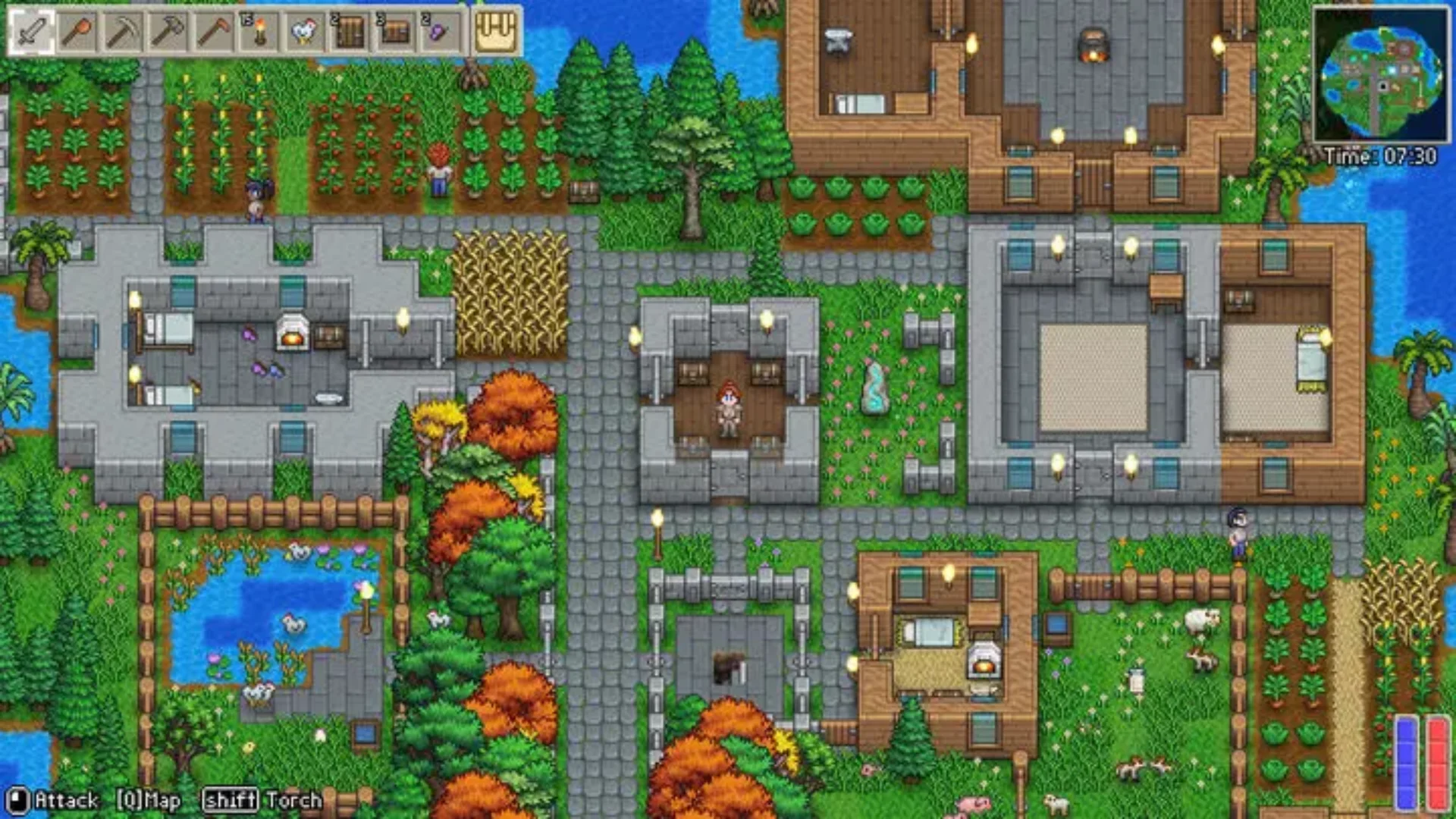 Delverium settlement shows crop fields, houses, trees, livestock and paths surrounding the player.