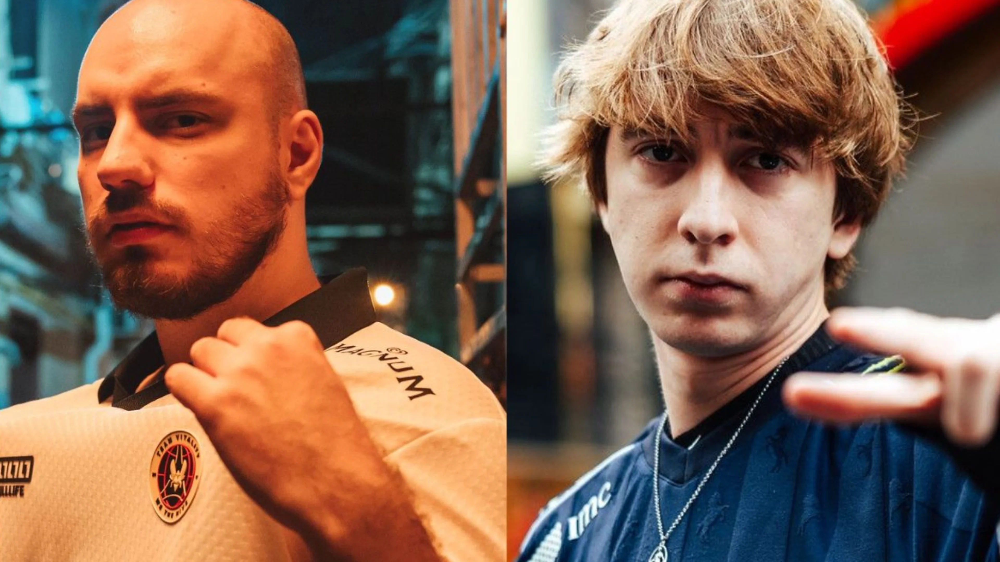 Split portrait showing two VALORANT esports players, one wearing a white Team Vitality jersey and the other a navy Team Liquid jersey.