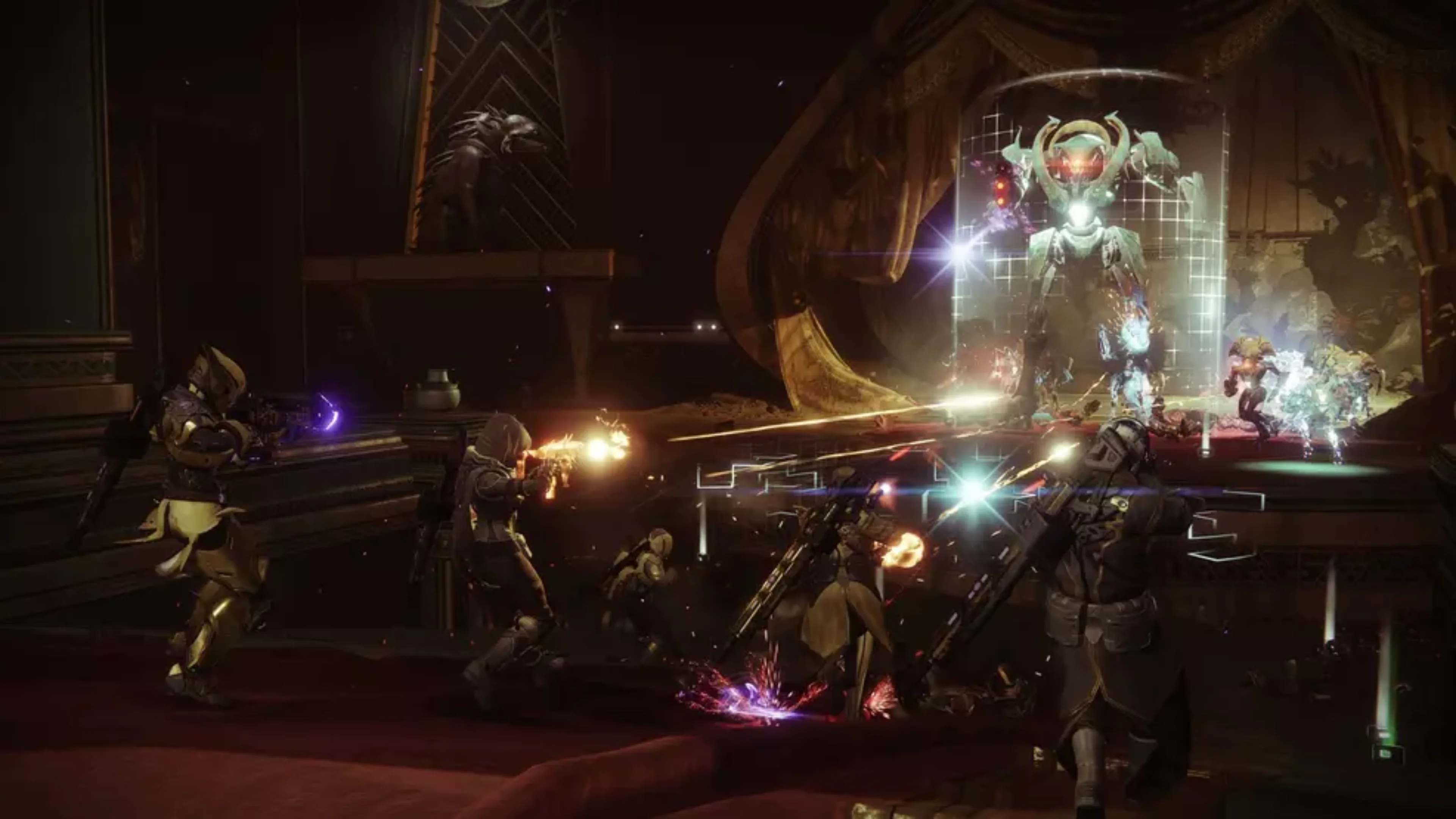 Three Destiny 2 Guardians stand surrounded by dark armored enemies inside a chamber filled with glowing candles and a massive golden structure.