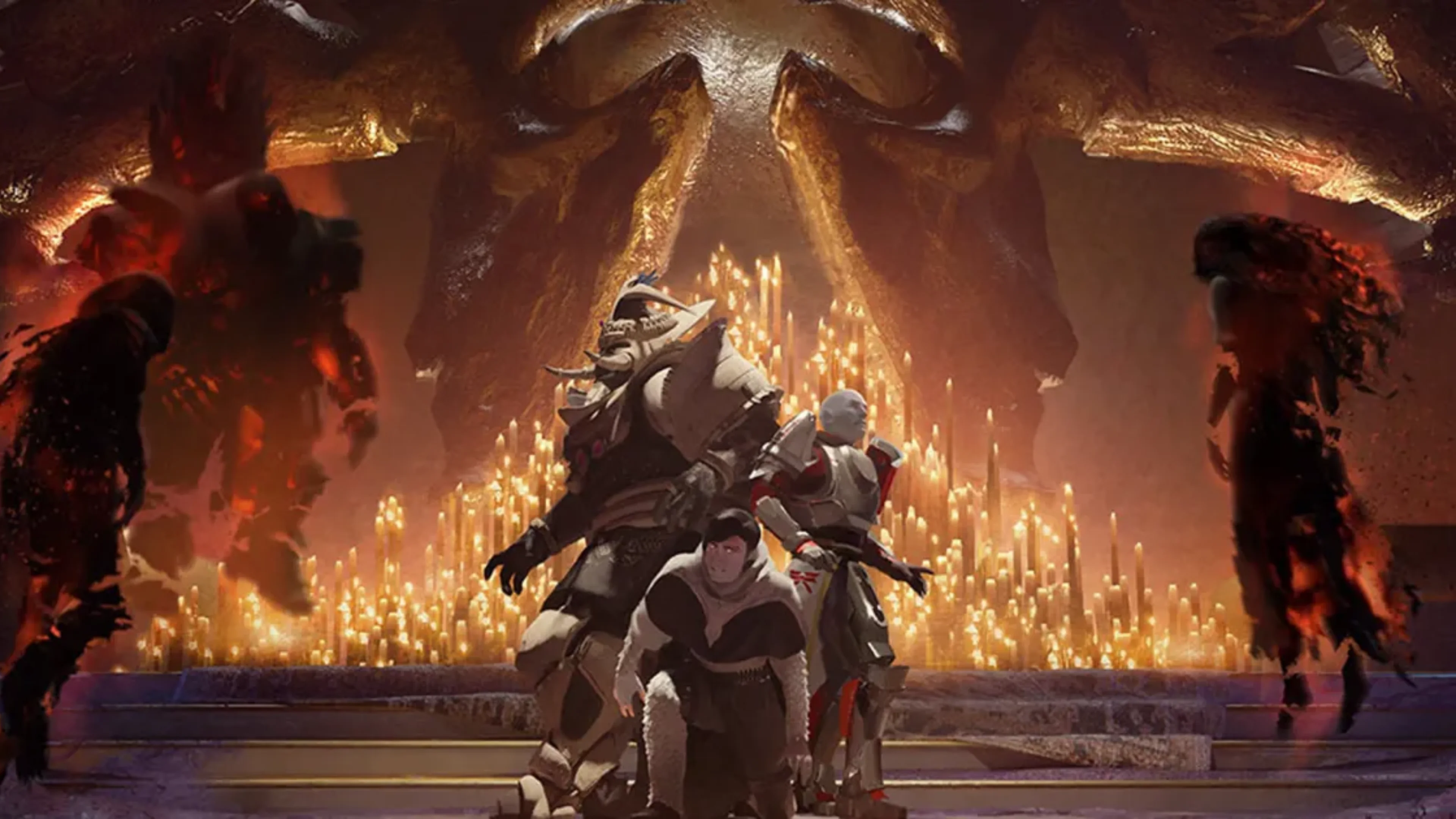 A team of Destiny 2 Guardians fires weapons at a large mechanical enemy surrounded by glowing energy inside a dark chamber.