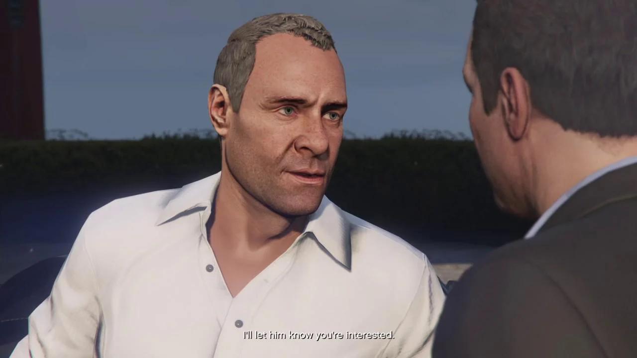 Devin Weston speaking to Michael De Santa in a Grand Theft Auto V cutscene.