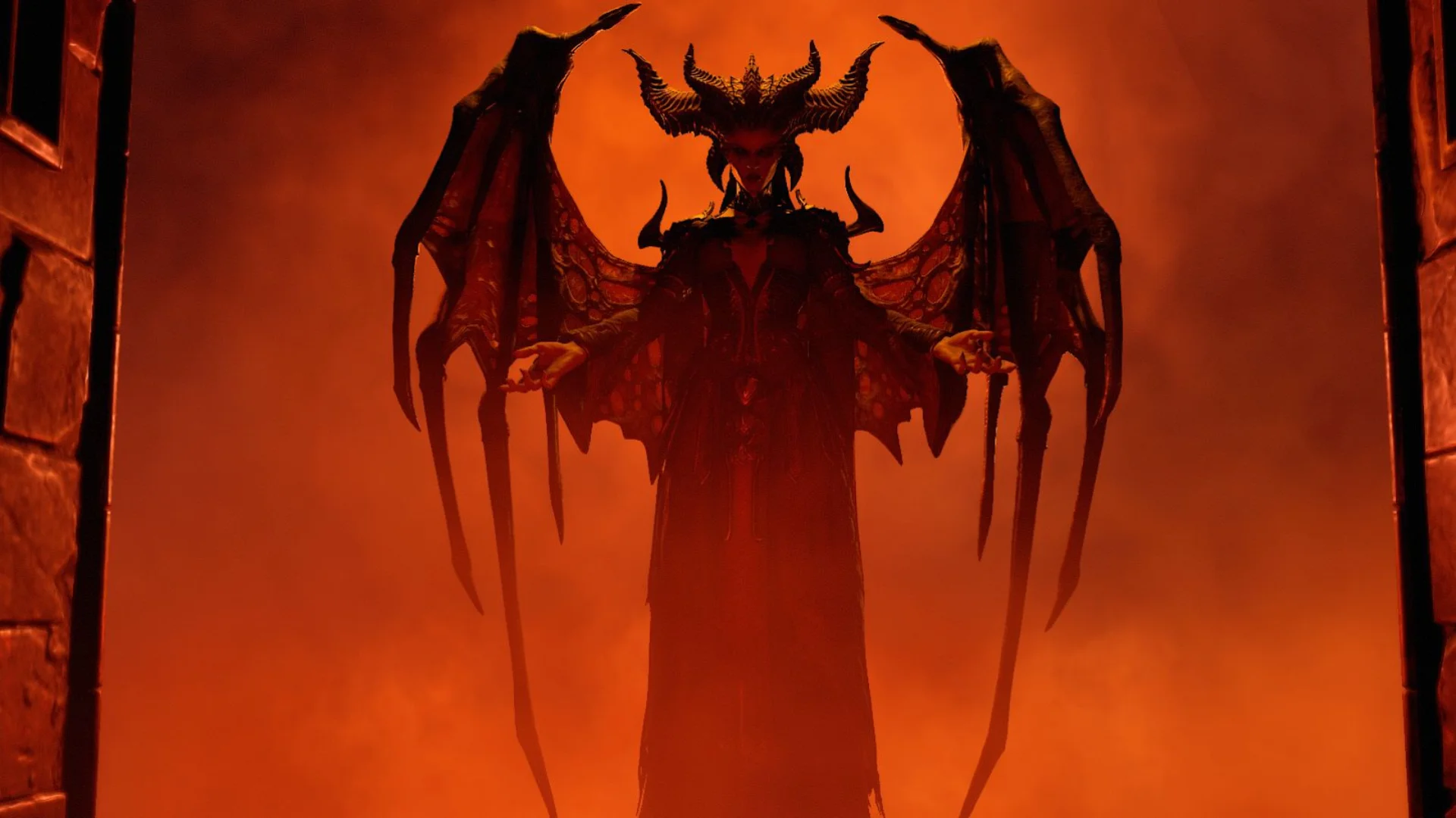 Lilith stands with her wings spread against a fiery orange background in Diablo IV artwork.