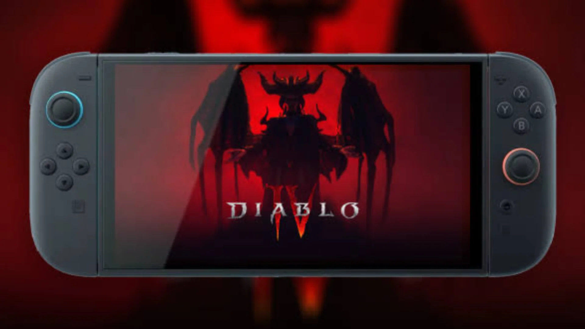A Nintendo Switch 2 displays Diablo IV with Lilith silhouetted on the screen against a red background.