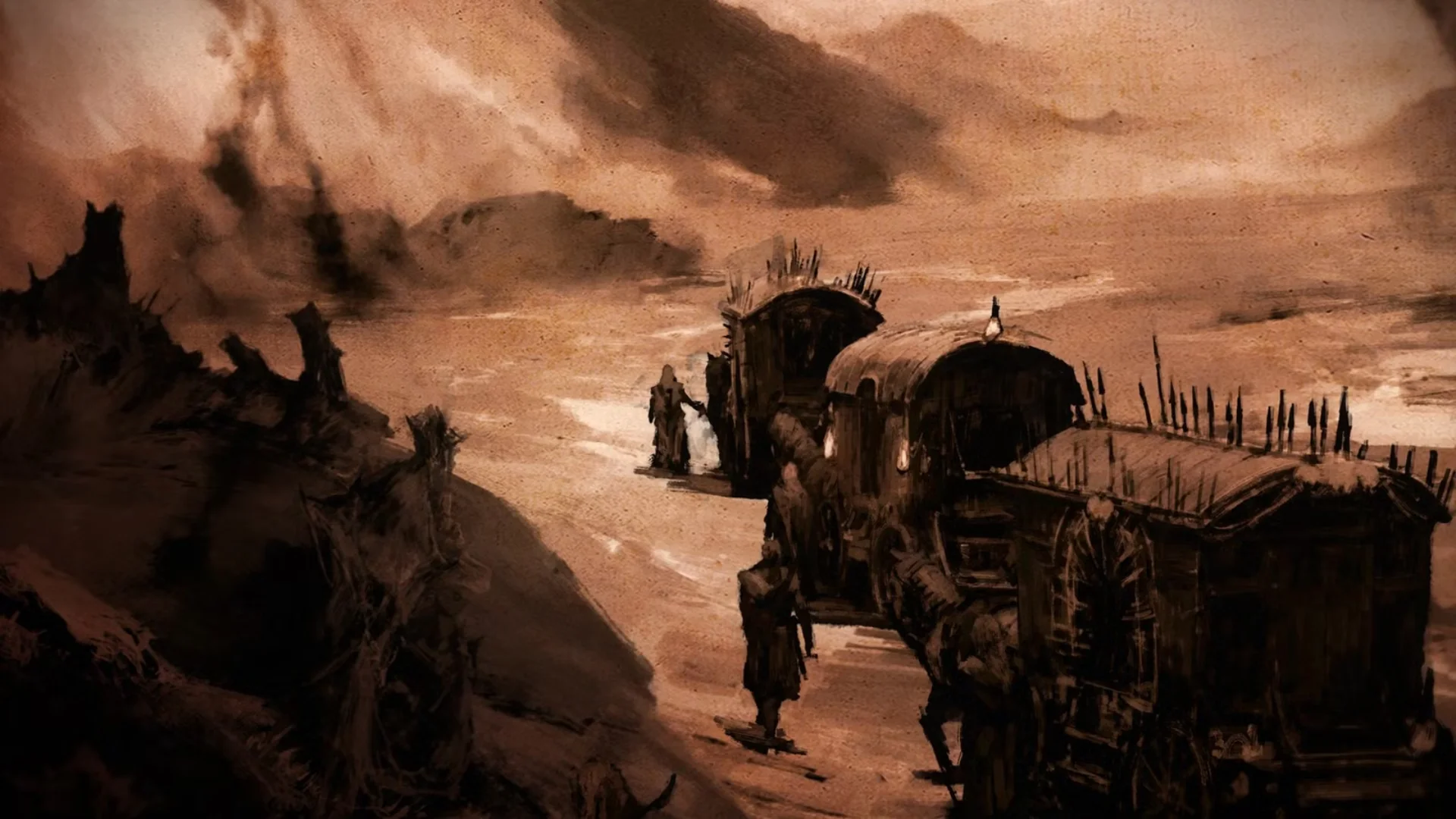 A fortified caravan traveling through a desolate landscape in Diablo V concept art.