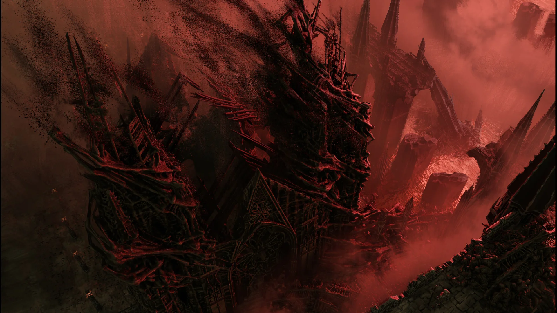 Ruined gothic structures surrounded by red smoke in Diablo V.