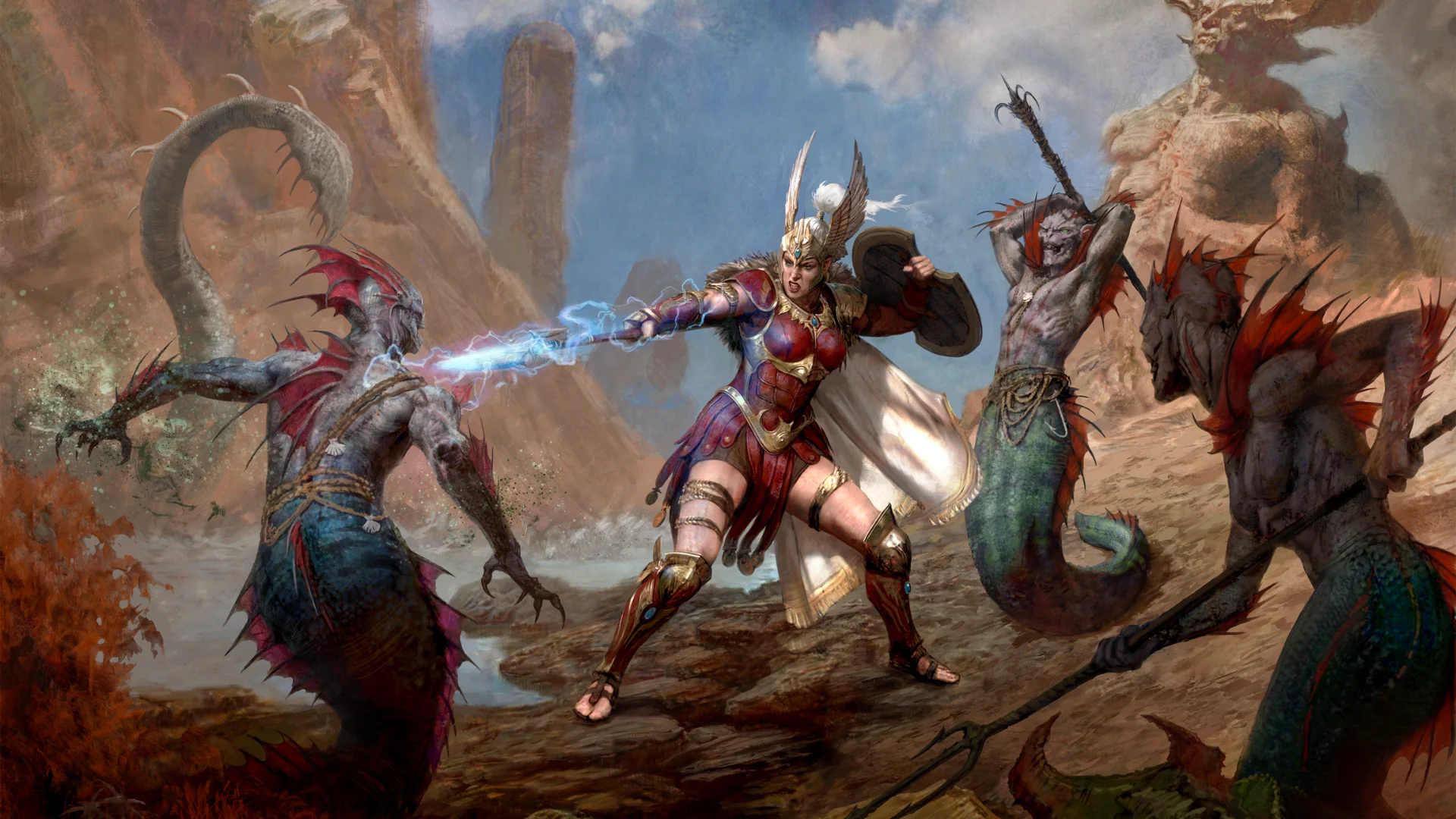 The Diablo IV Amazon fights demonic enemies with a lightning-charged weapon and shield in rocky terrain.