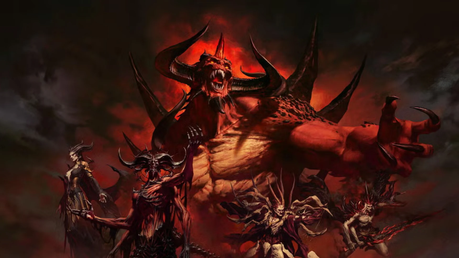 Diablo V artwork showing Diablo towering over demonic characters against a fiery red background