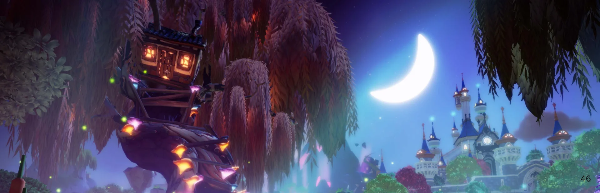 A crooked treehouse glows beneath a crescent moon with the Dream Castle in the distance in Disney Dreamlight Valley.
