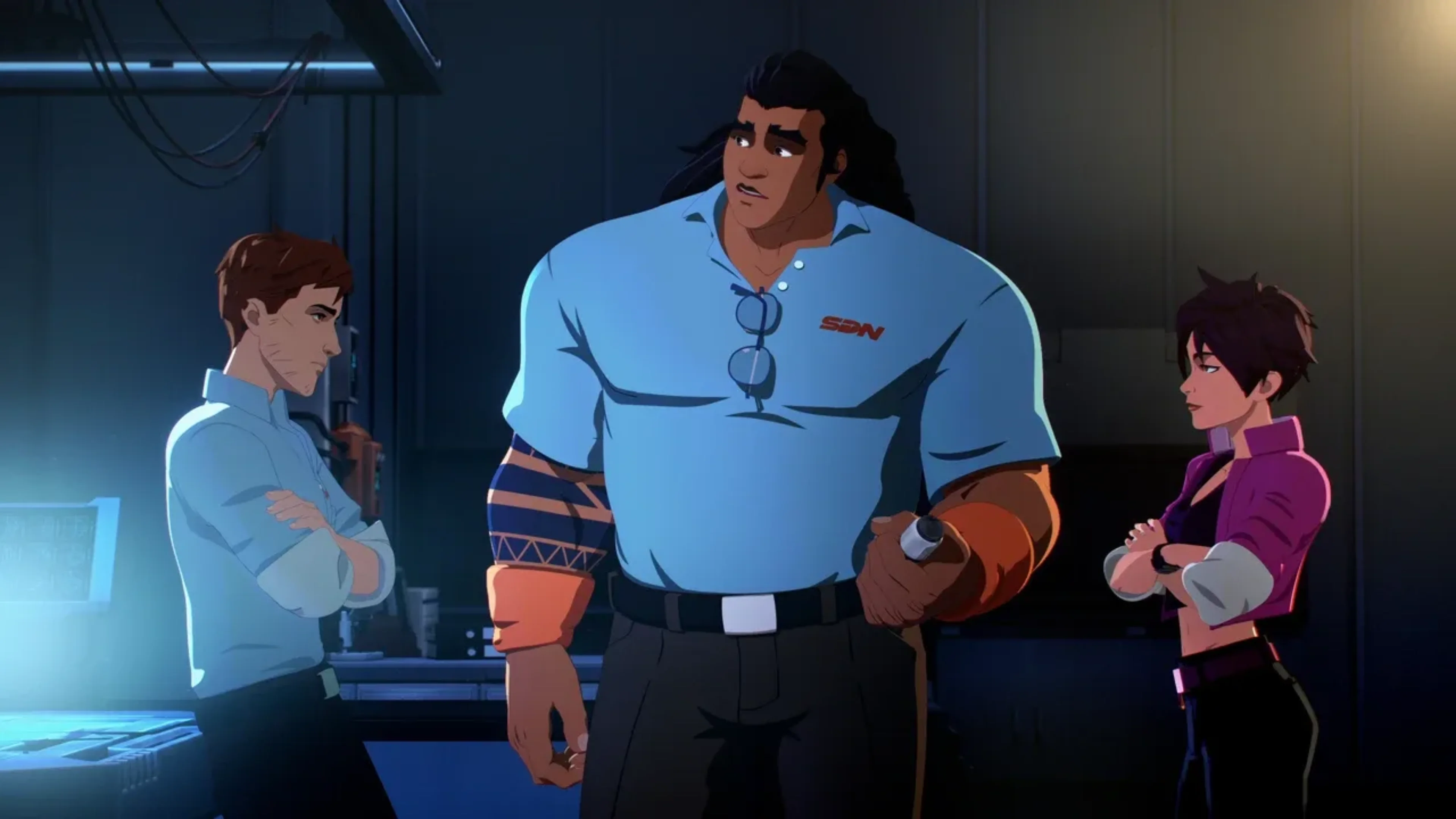 Three Dispatch characters stand inside the Superhero Dispatch Network headquarters, with a large man in a blue shirt between two coworkers.