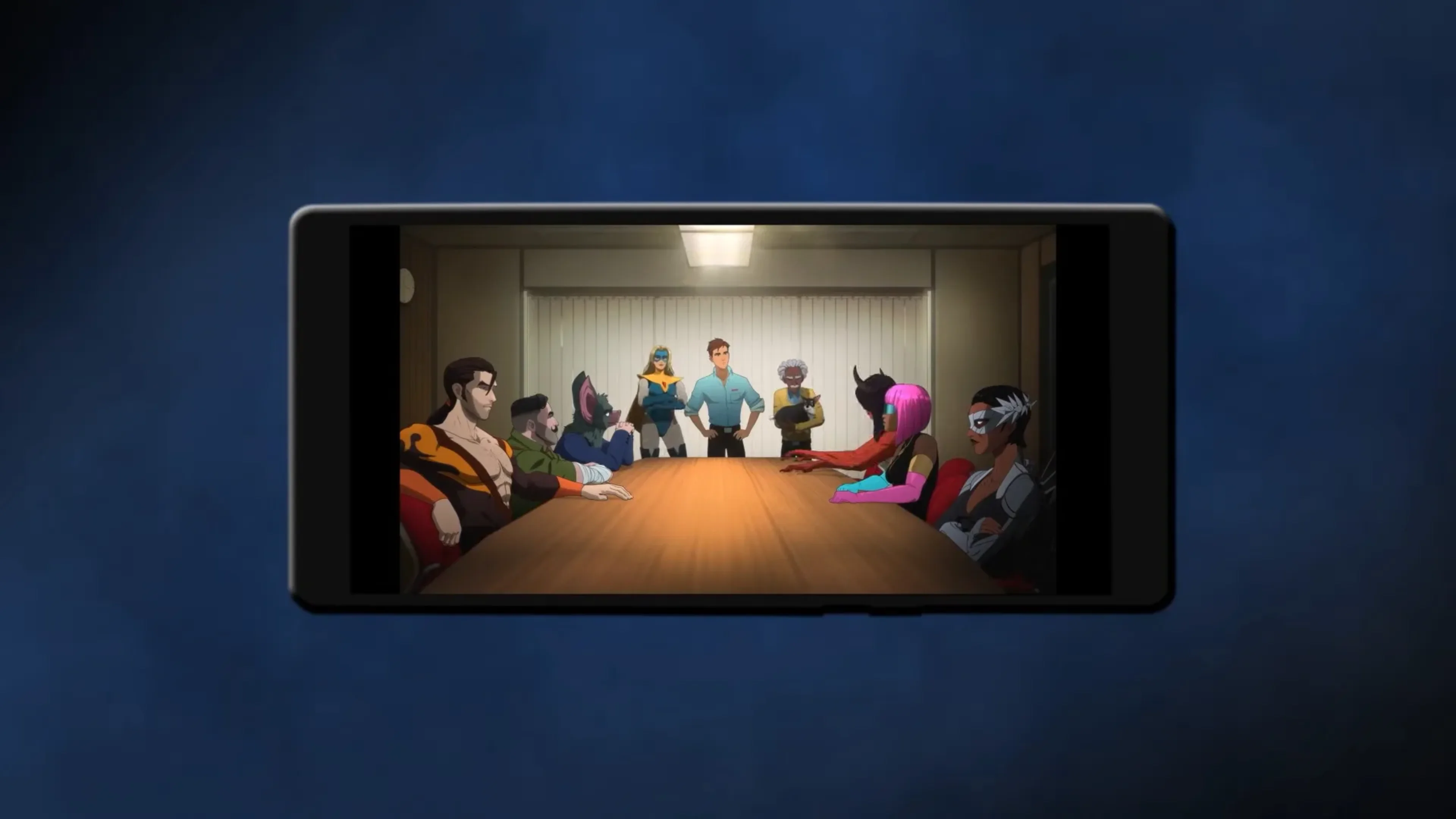 A smartphone displays an animated Dispatch scene featuring superheroes and coworkers gathered around a conference table.