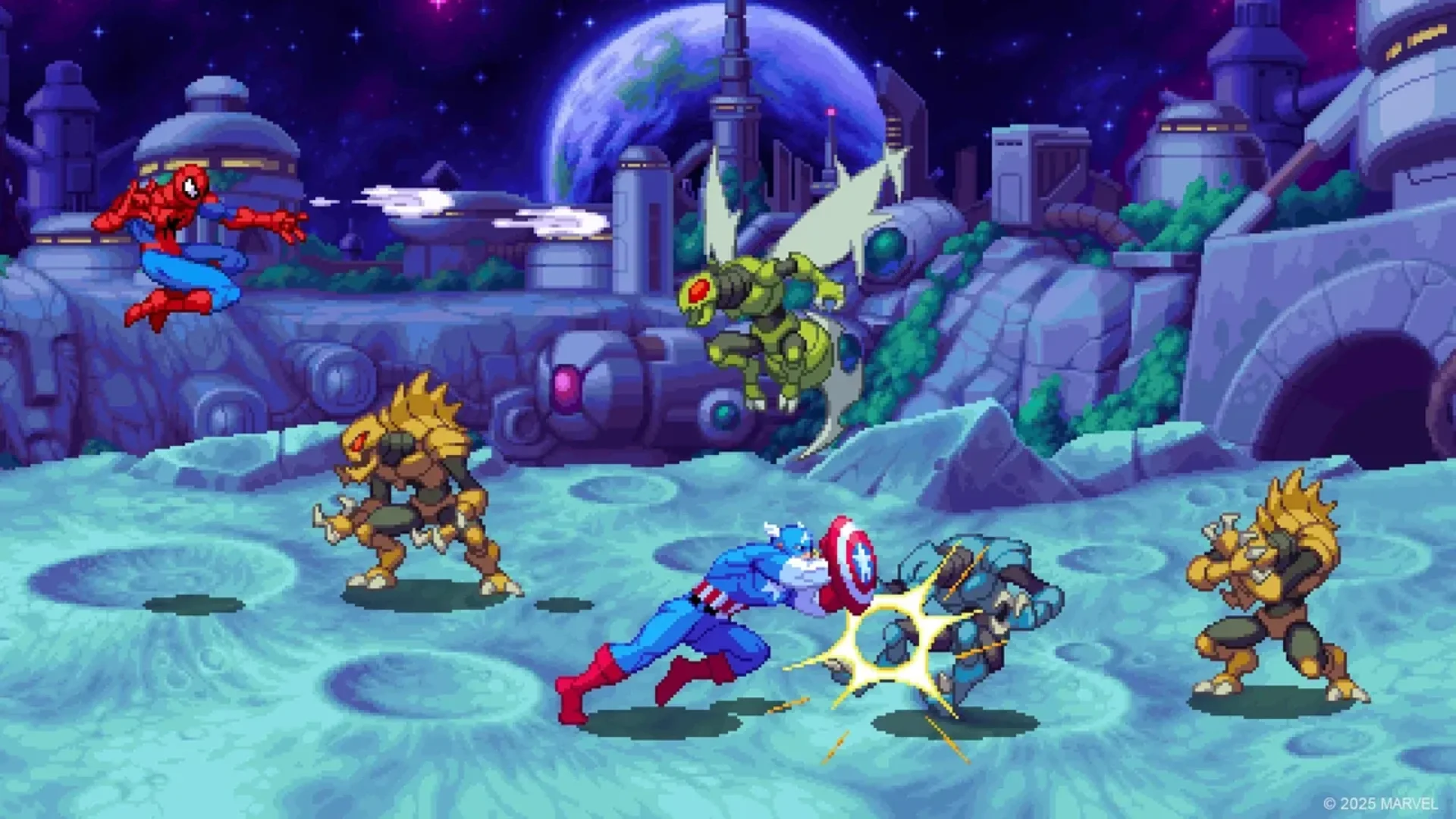 Captain America strikes an enemy as Spider-Man attacks from the air in Marvel Cosmic Invasion.