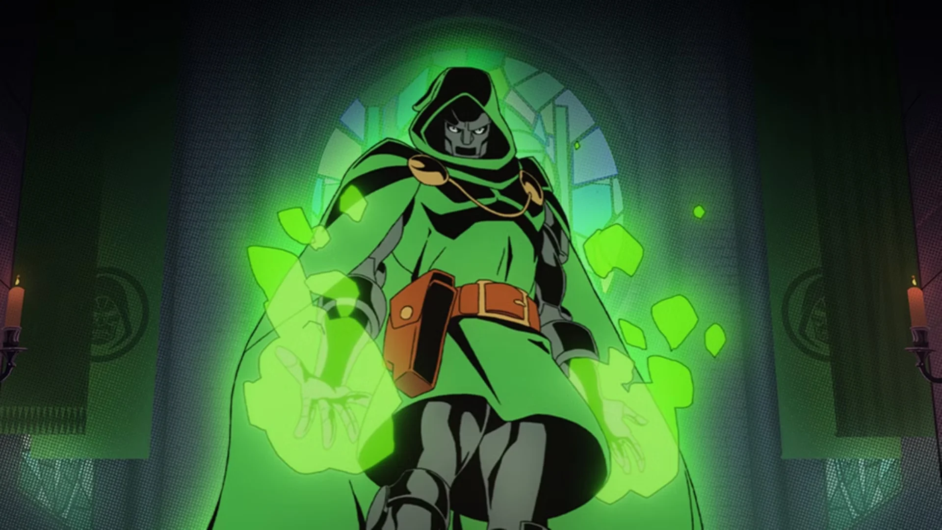 Doctor Doom stands surrounded by green energy inside Castle Doom in Marvel Cosmic Invasion artwork.
